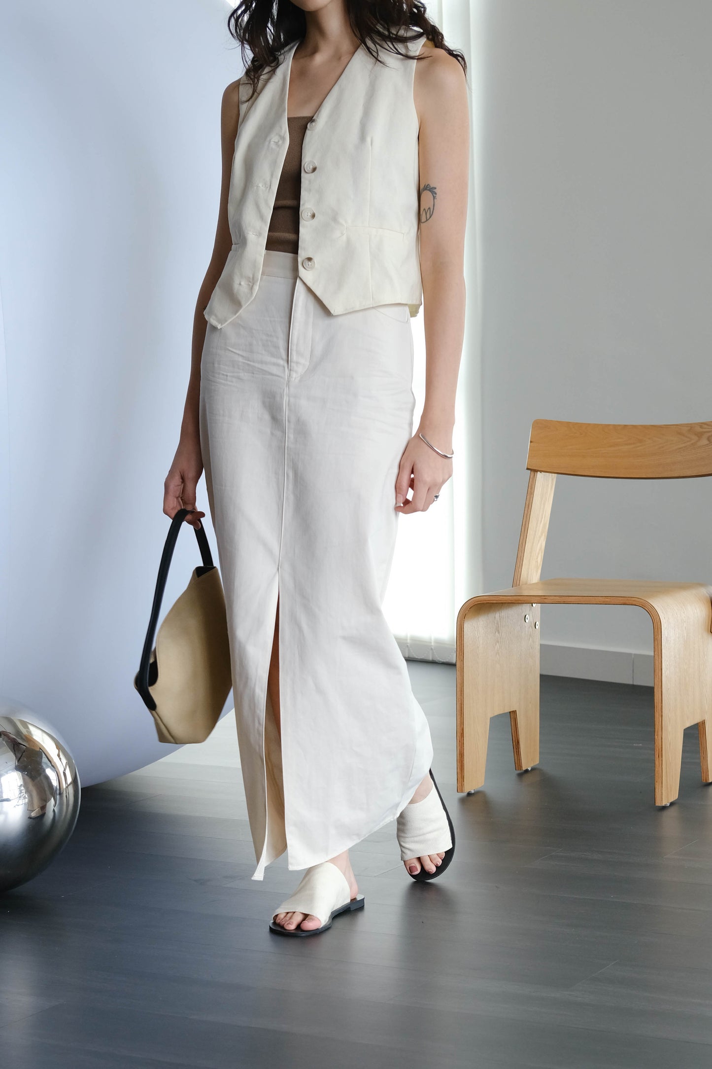 French cotton and linen sleeveless vest in cream white