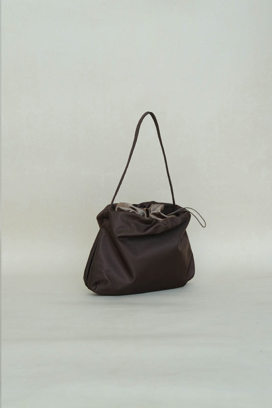French nylon cloud pleated shoulder bag in coffee
