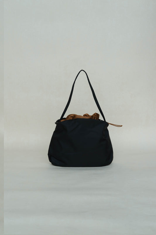 French nylon cloud pleated shoulder bag in classic black