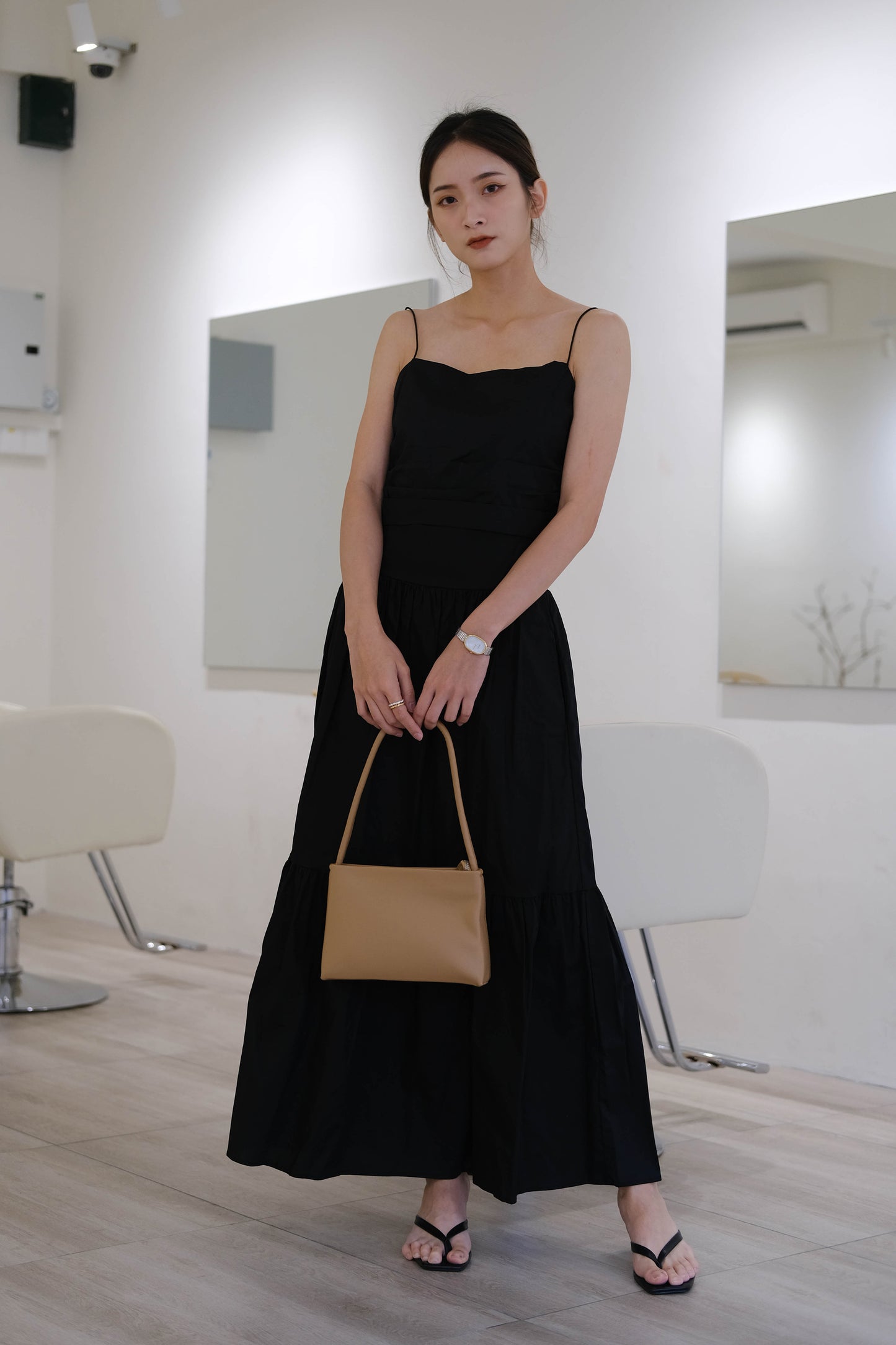 Camisole + high waist A-line skirt in classic black