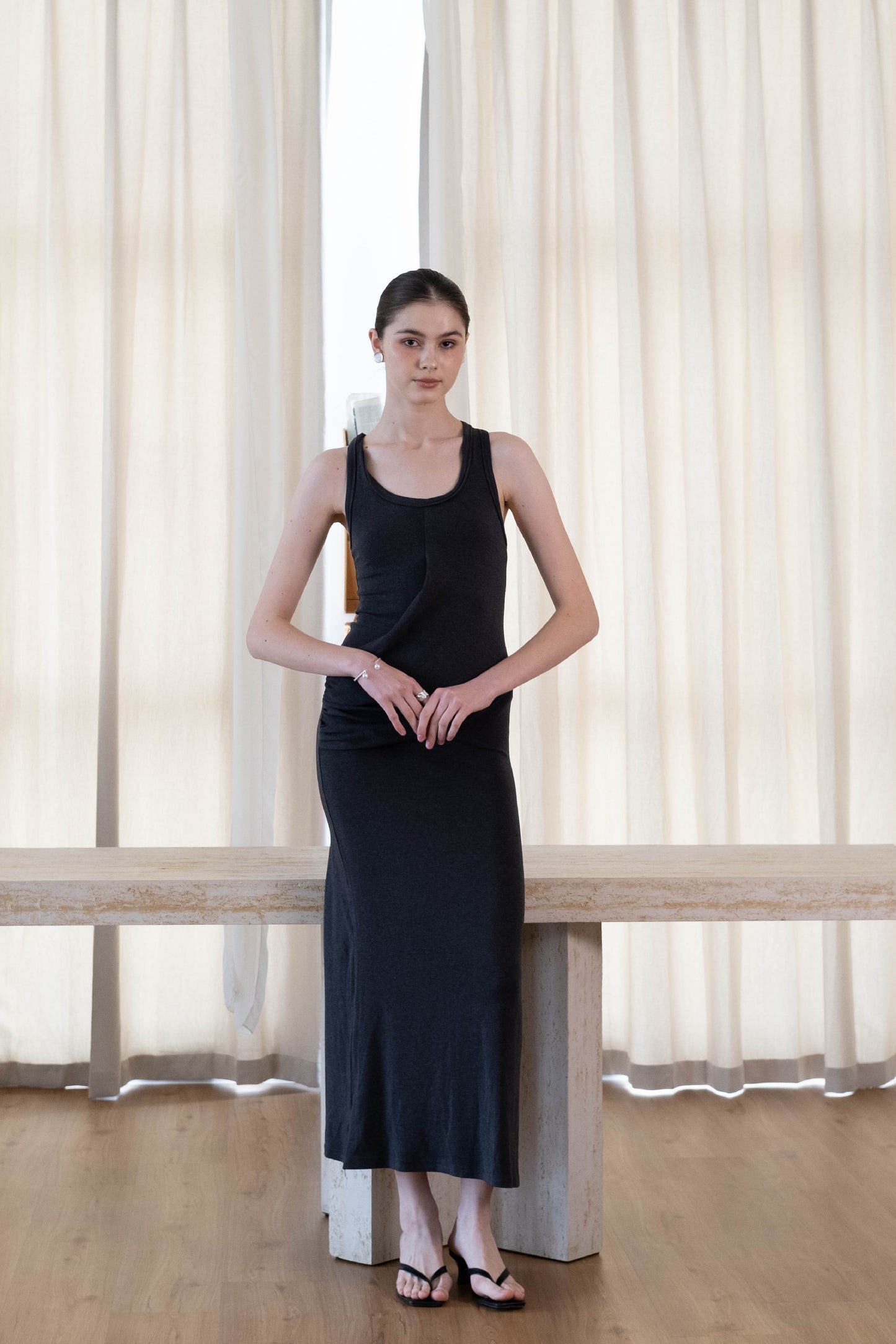 Elegant U-Neck Ruched Waist Maxi Dress - Dark Grey