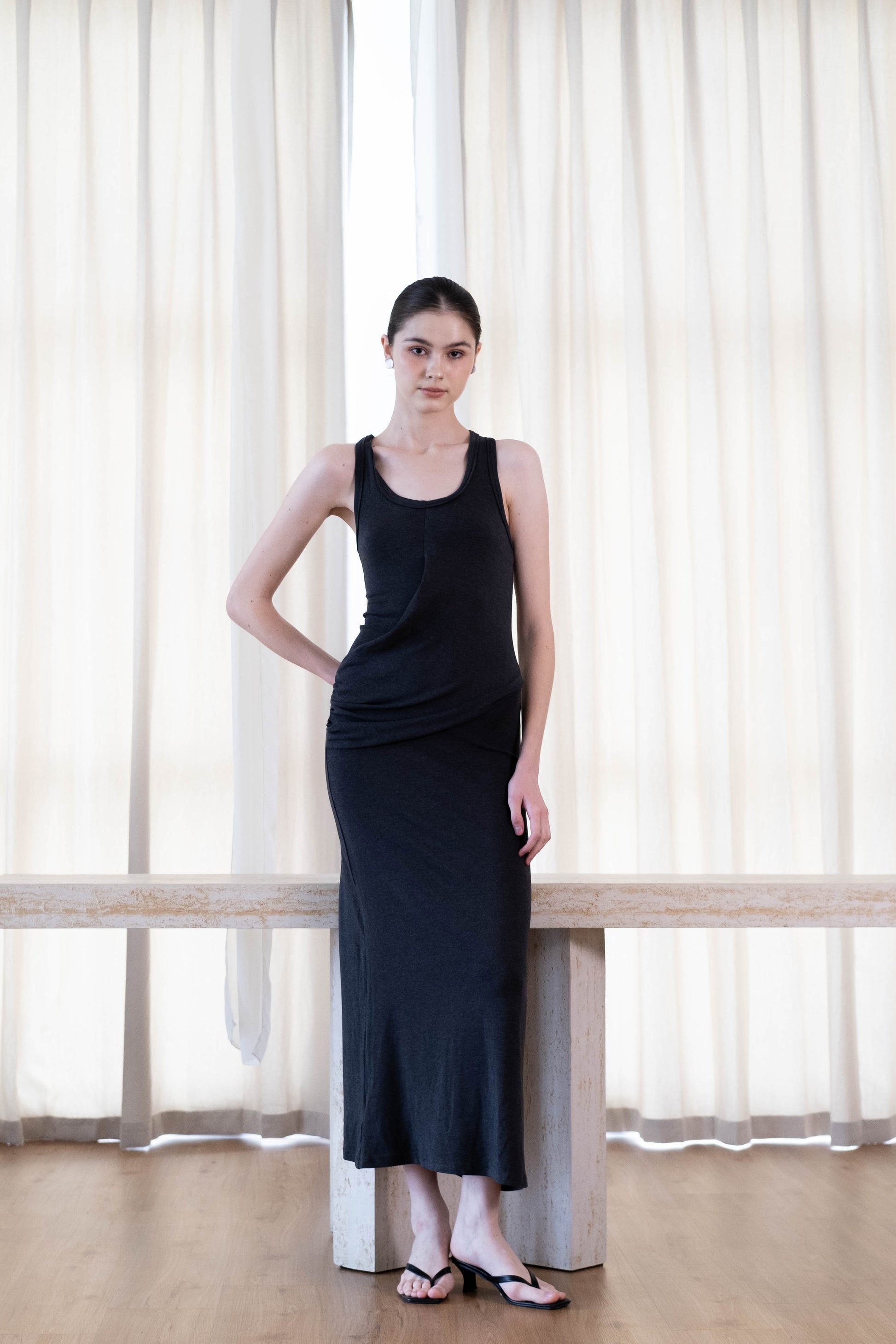 Elegant U-Neck Ruched Waist Maxi Dress - Dark Grey S A O U Elegant U-Neck Ruched Waist Maxi Dress - Dark Grey S A O U