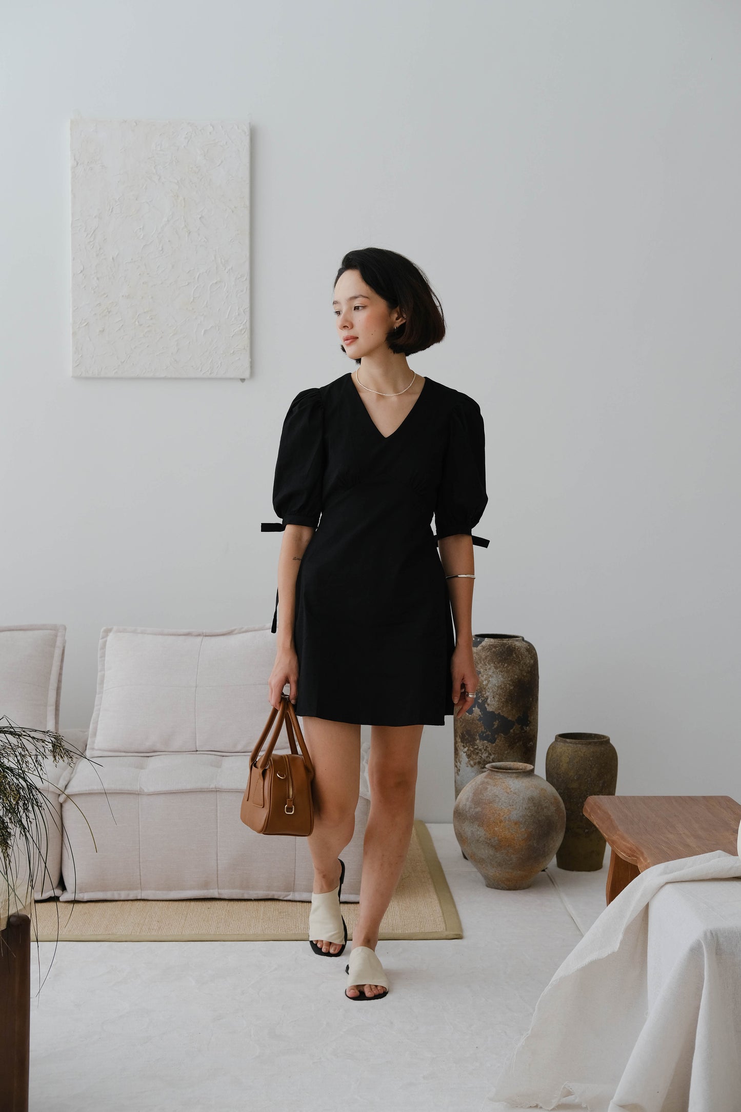 French puff sleeve cotton and linen dress