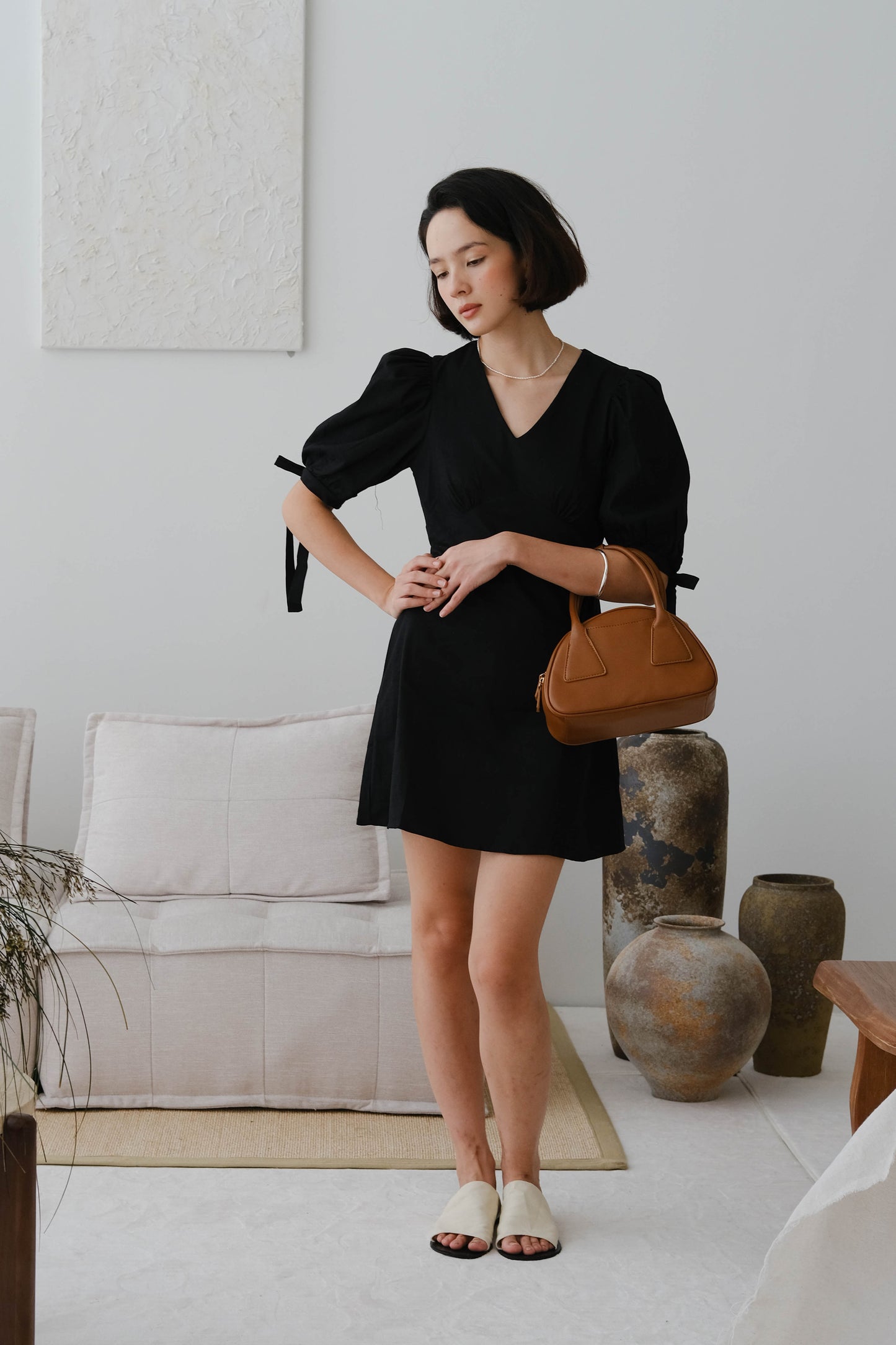 French puff sleeve cotton and linen dress