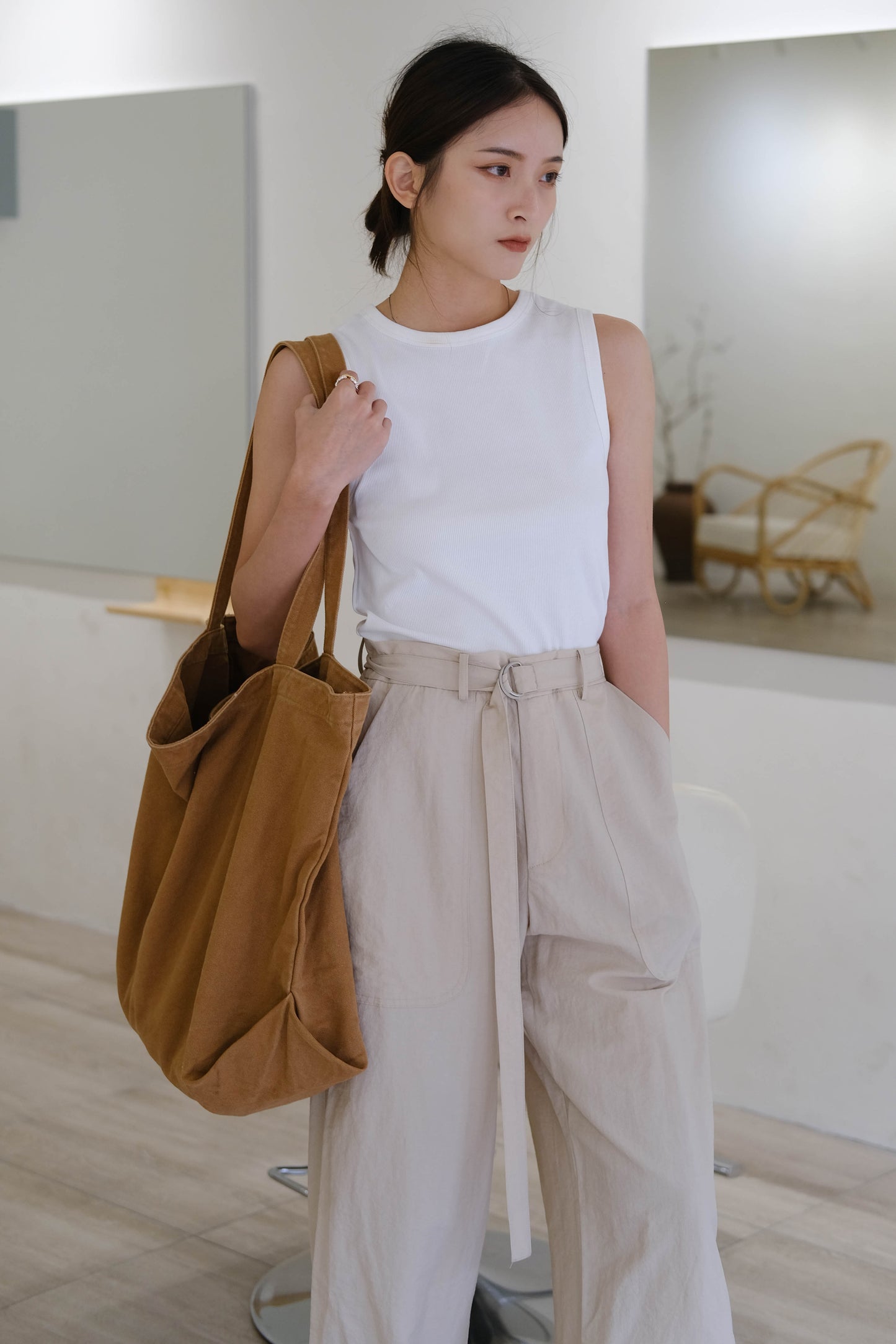 Japanese mountain style high waist wide leg casual pants in linen color