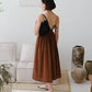 棕色法式棉麻高腰連身裙