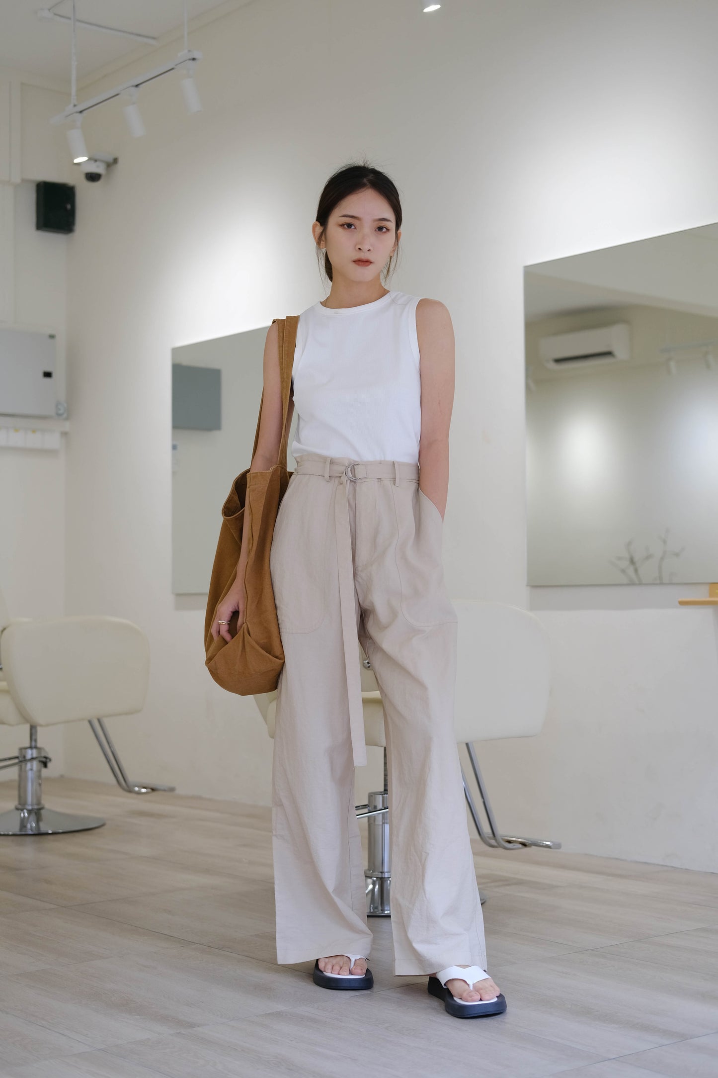 Japanese mountain style high waist wide leg casual pants in linen color