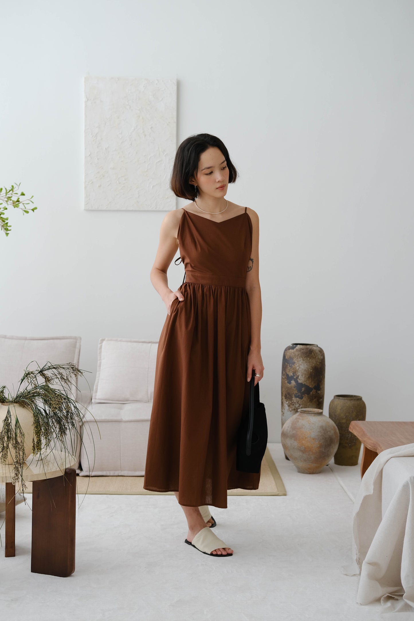 French cotton and linen high waist dress in in brown