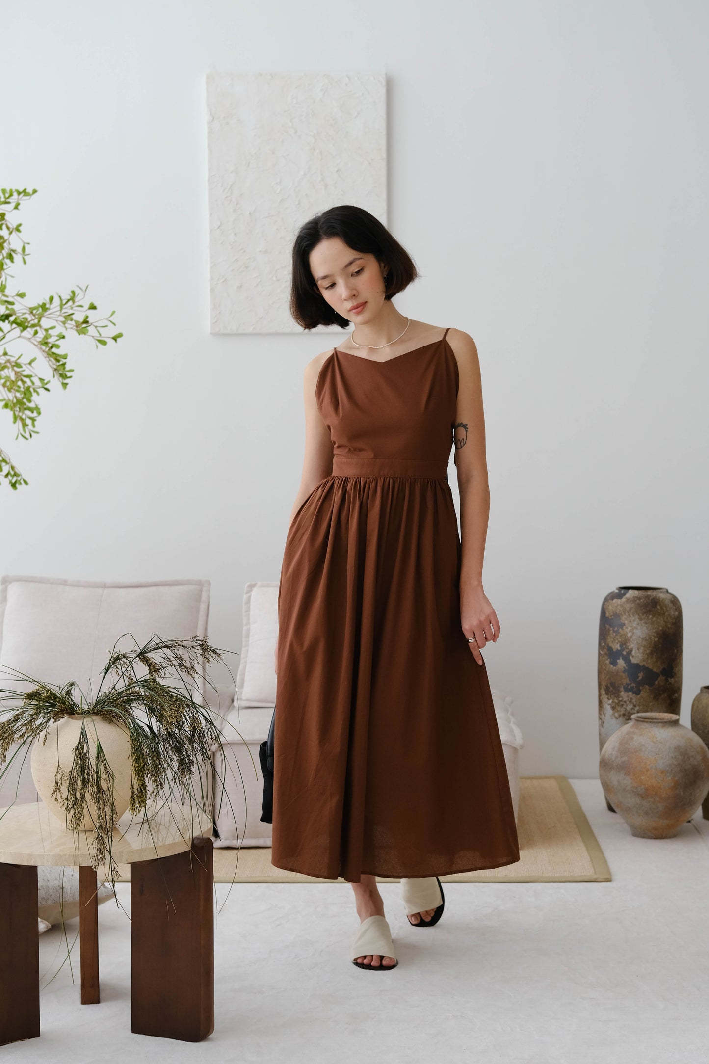 French cotton and linen high waist dress in in brown