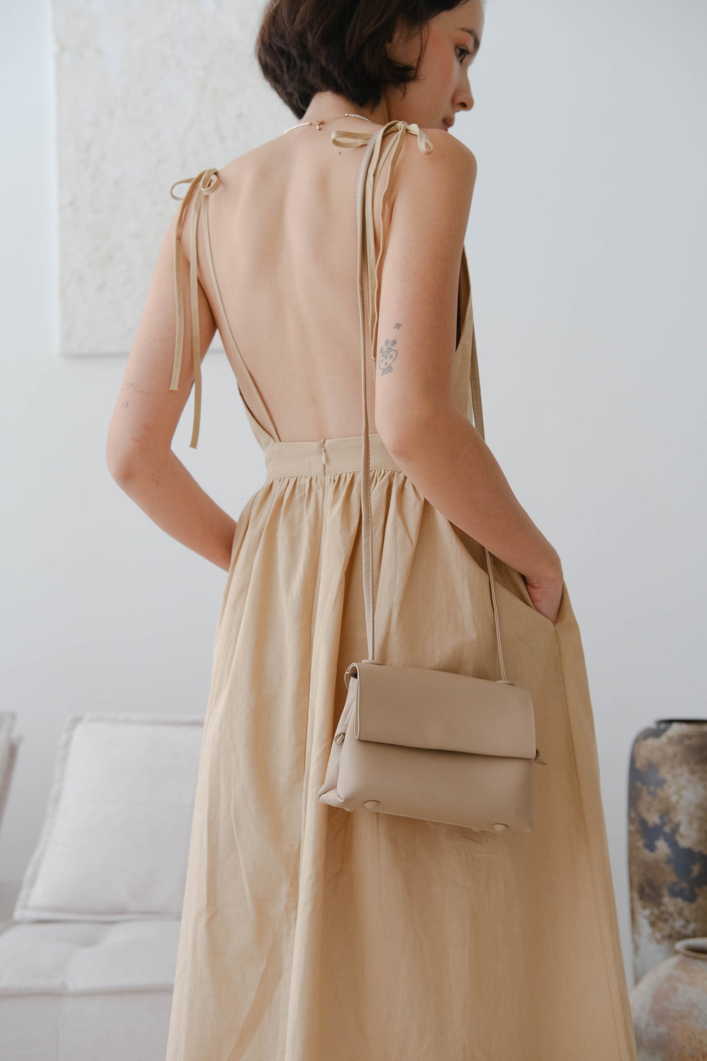 French cotton and linen high waist dress in khaki