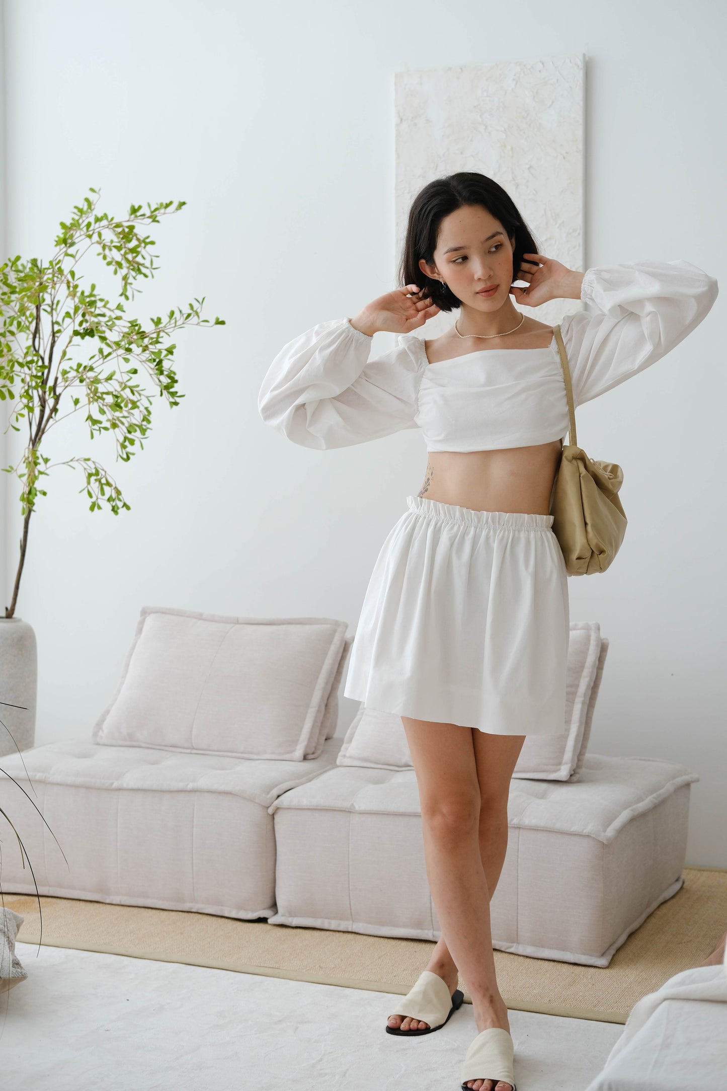 French cotton and linen halter top + pleated high waist skirt