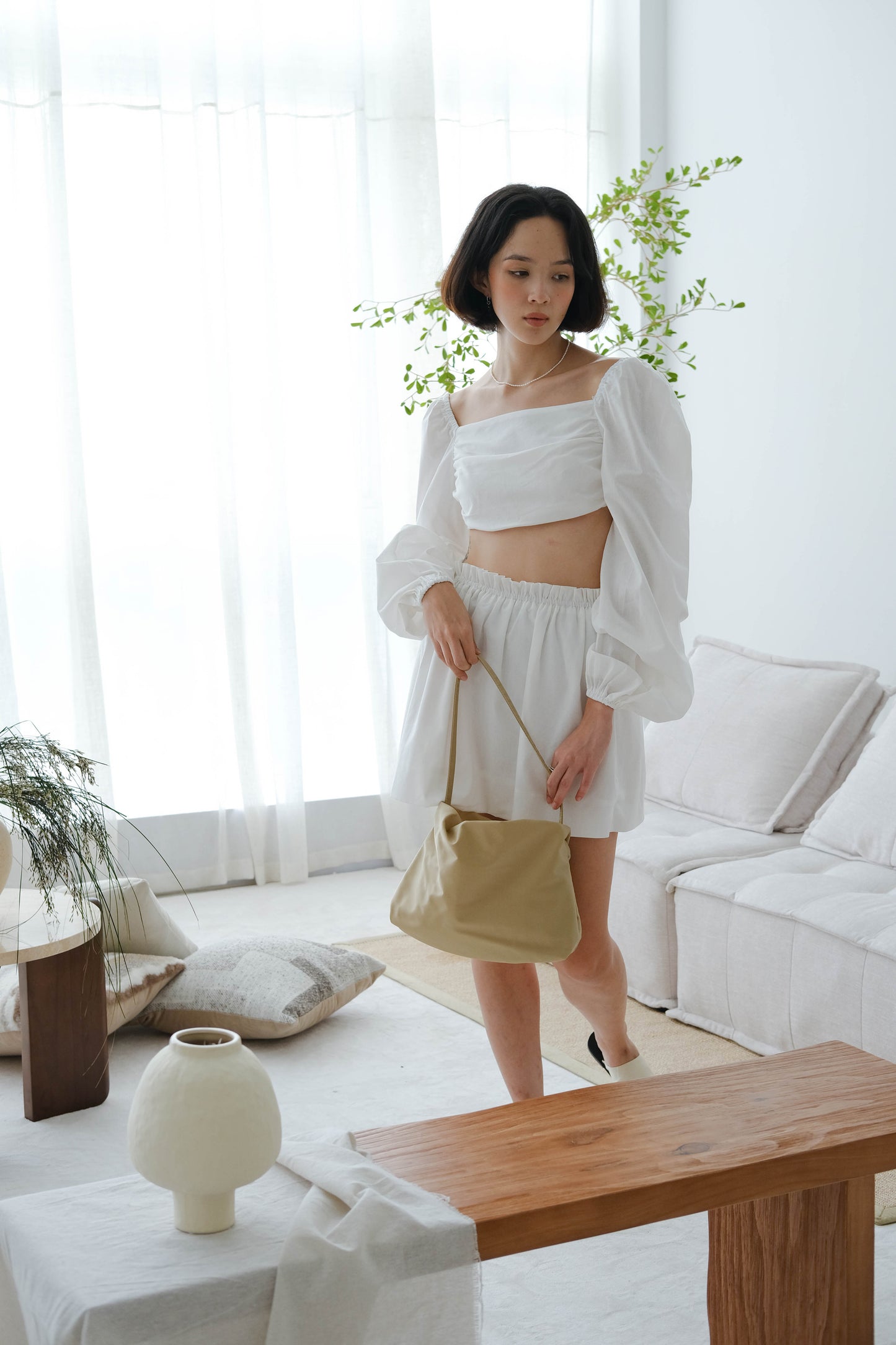 French cotton and linen halter top + pleated high waist skirt