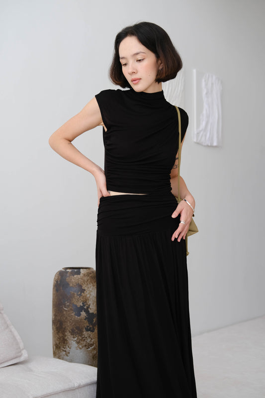 [2Pcs Suit] for Stand Collar Smocked Sleeve Top + Wide Waistband Pleated In Classic Black