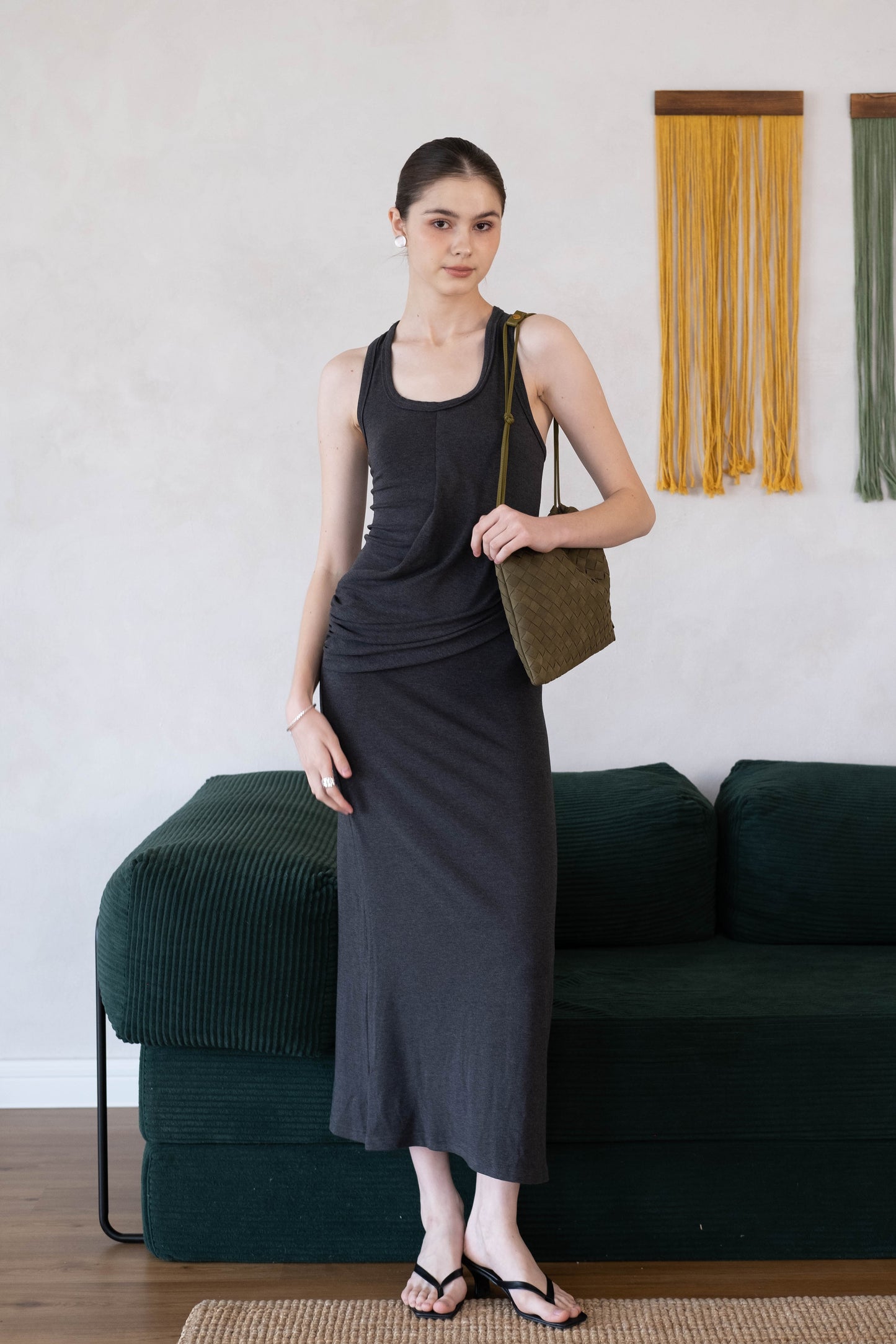 Elegant U-Neck Ruched Waist Maxi Dress - Dark Grey