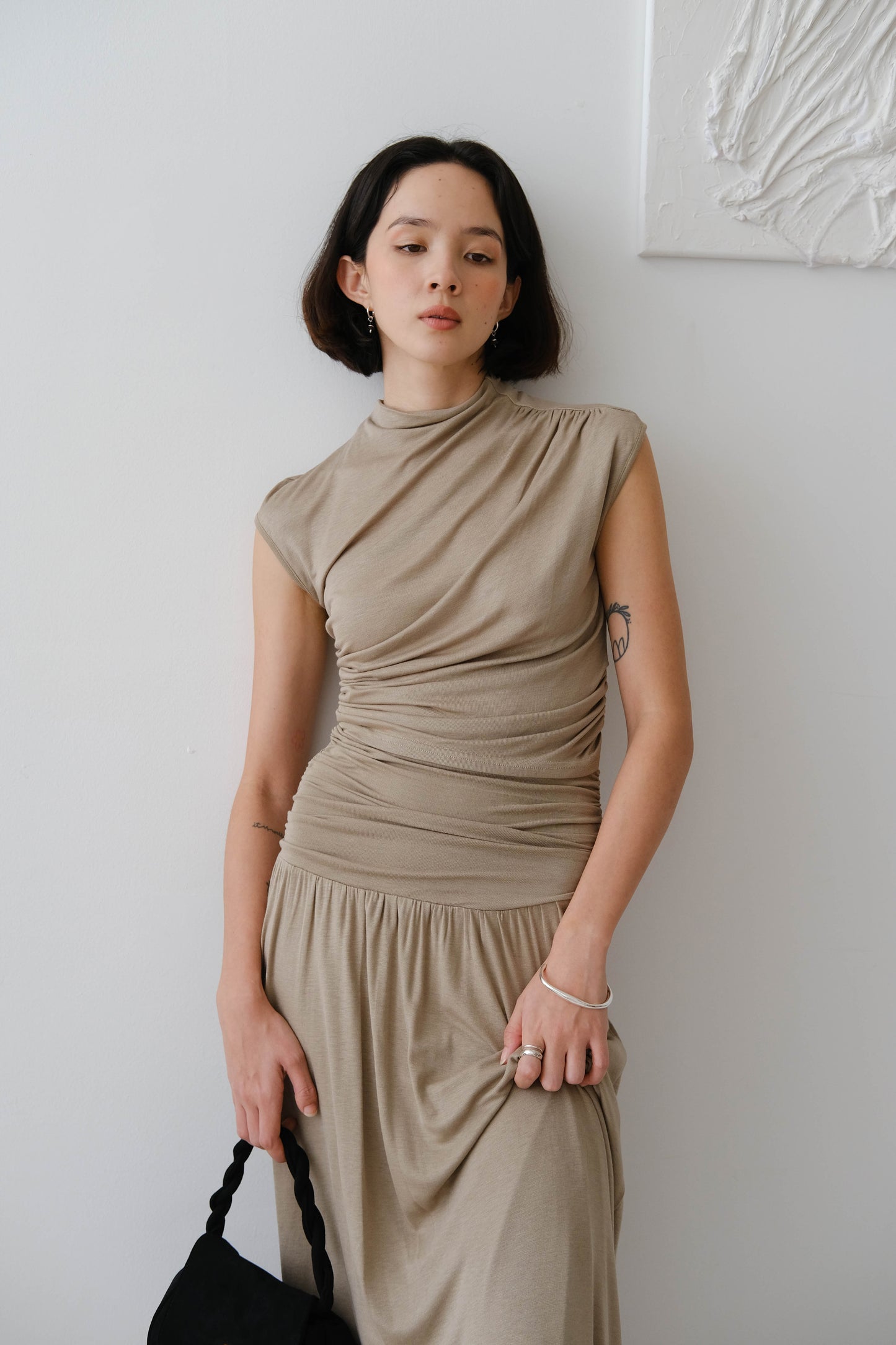 Wide waistband pleated knitted skirt in Khaki