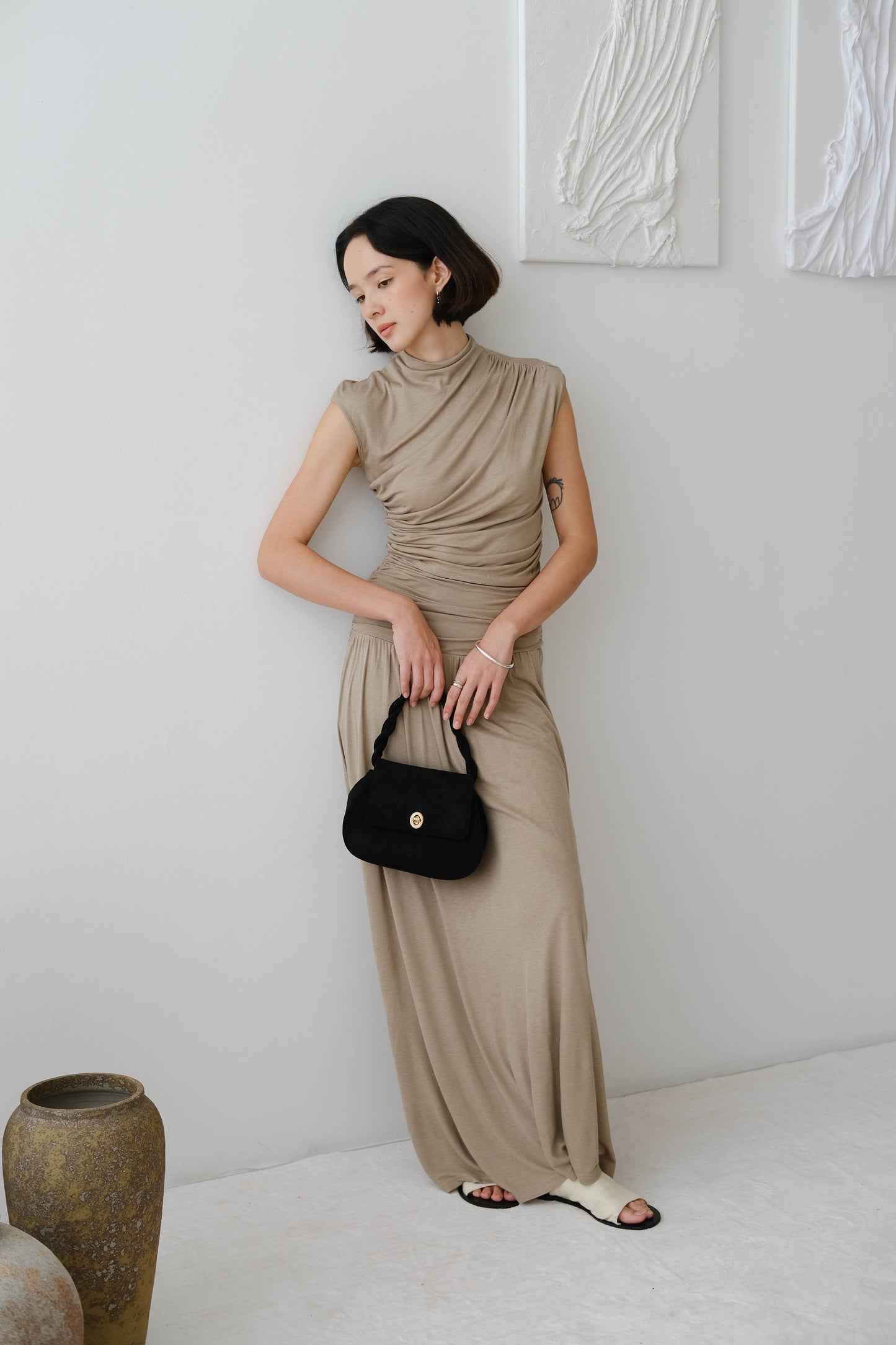 Wide waistband pleated knitted skirt in Khaki