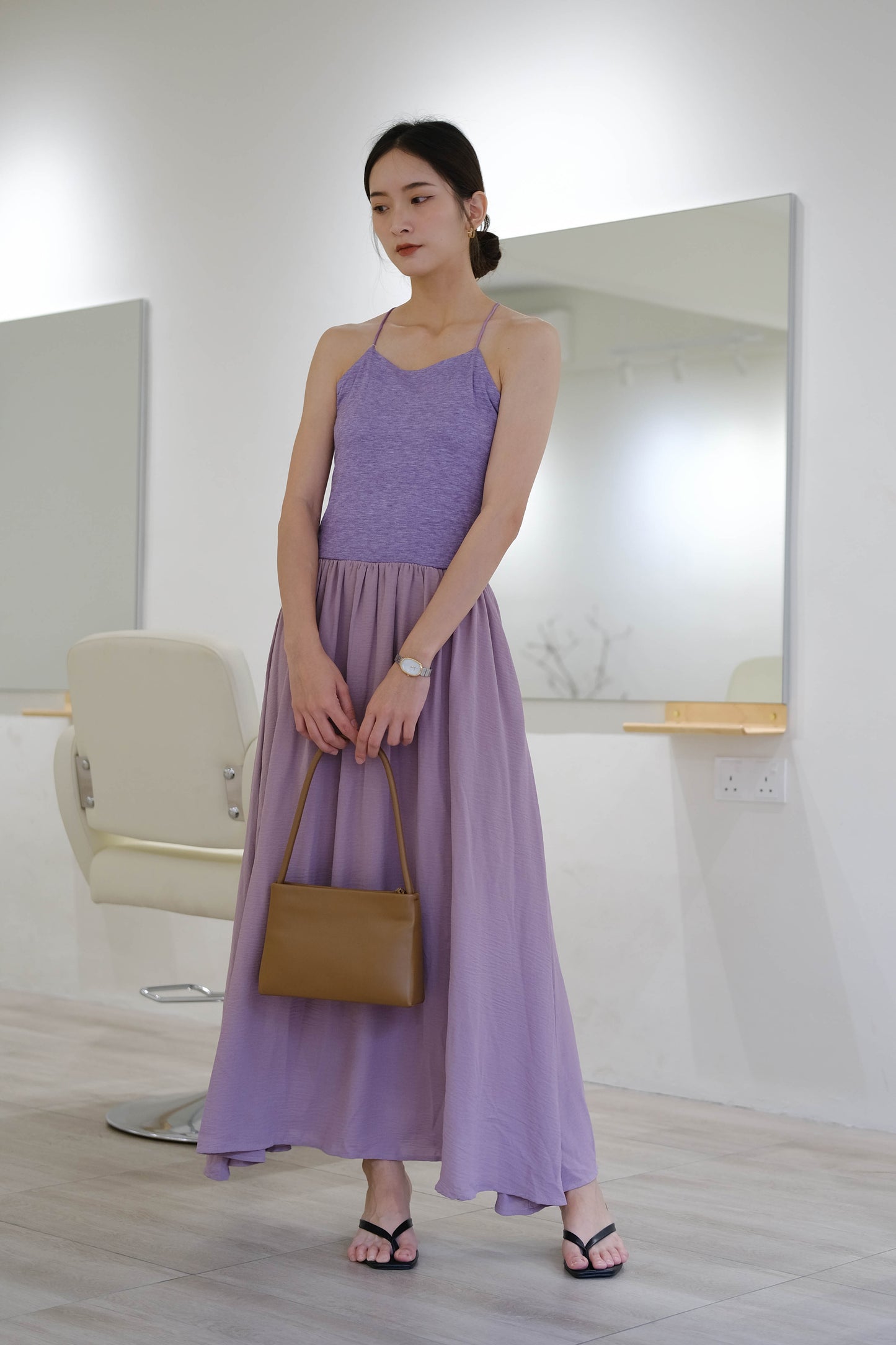 Halter neck contrast color stitching sling dress in purple