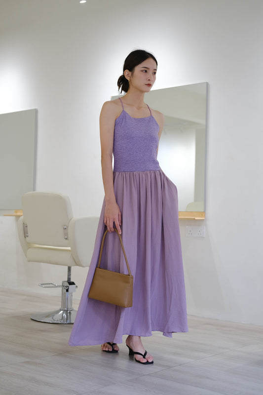 Halter neck contrast color stitching sling dress in purple