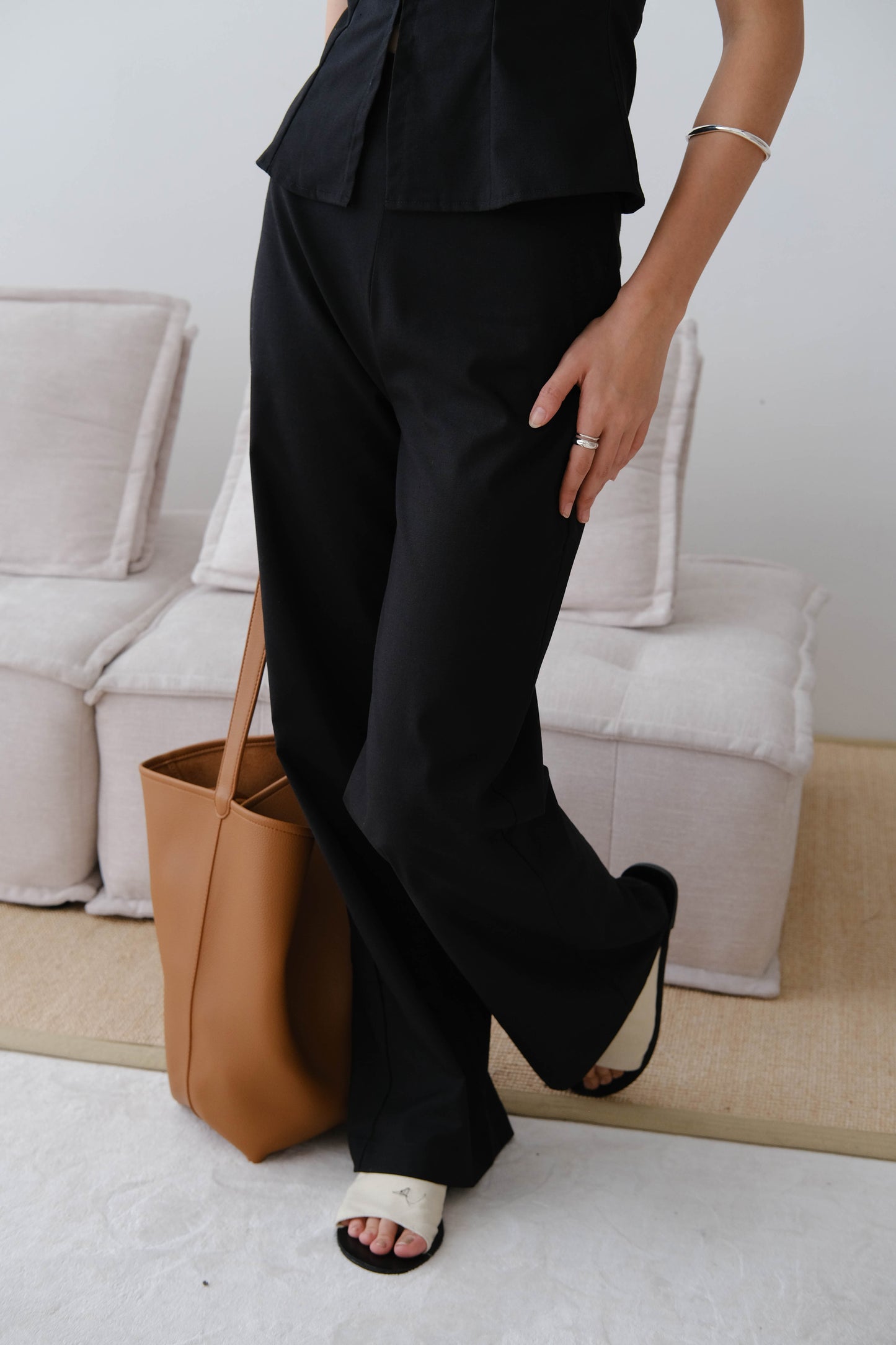 French cotton and linen sleeveless halter top + High waist trousers in classic black