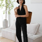 French Cotton and Linen Sleeveless Halter Top + High Waist Trousers in Classic Black