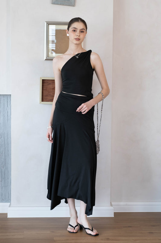 Soft Curve One-Shoulder Crop & Skirt Set - Classic Black