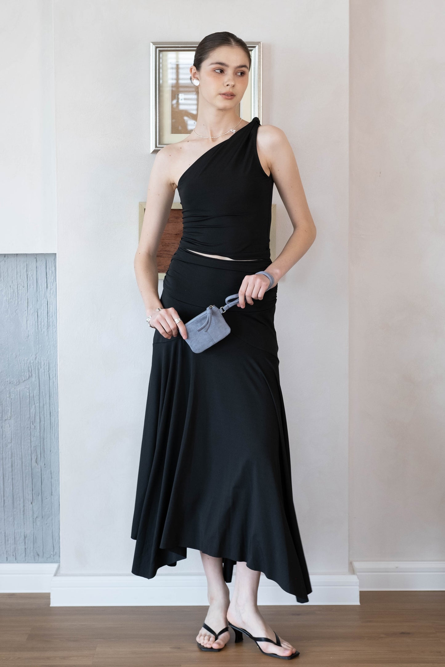 Soft Curve One-Shoulder Crop & Skirt Set - Classic Black