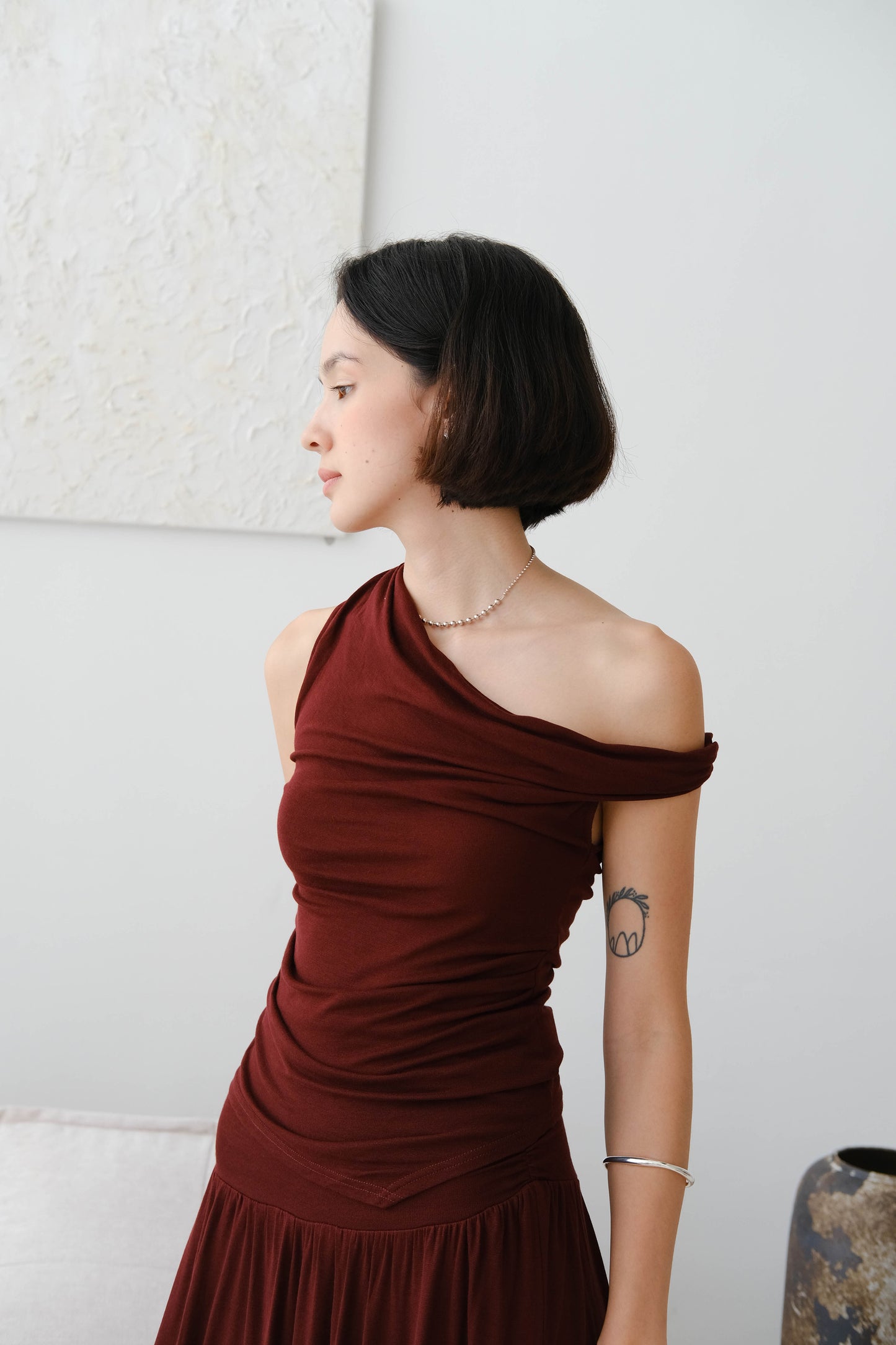 French slant neck twist top in Berry Red