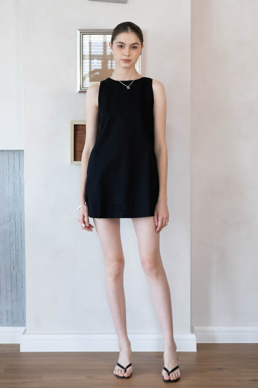 Cotton And Linen Backless Mini Dress In Black
