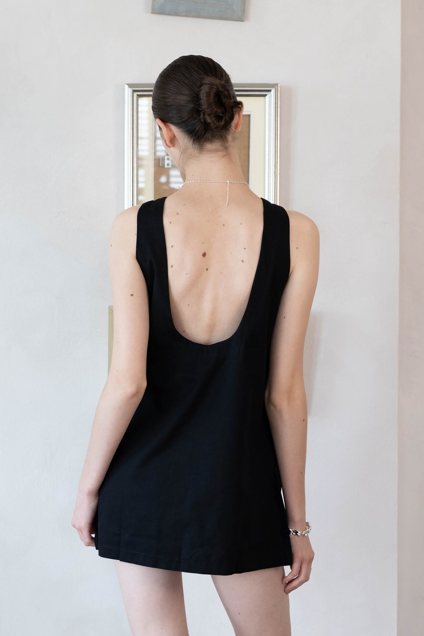 Cotton And Linen Backless Mini Dress In Black