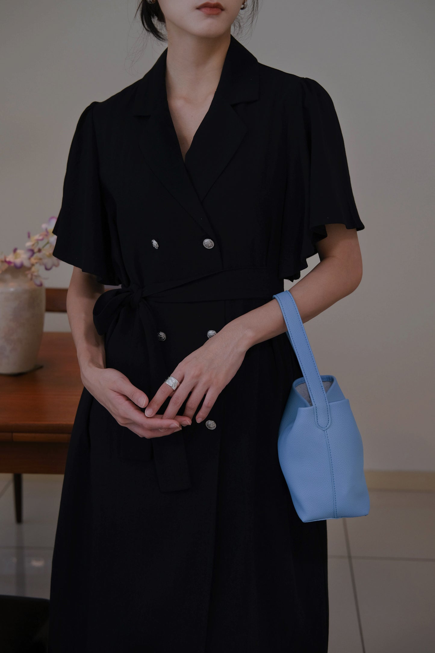 Double Breasted Tie Short Sleeve Blazer Dress in classic black