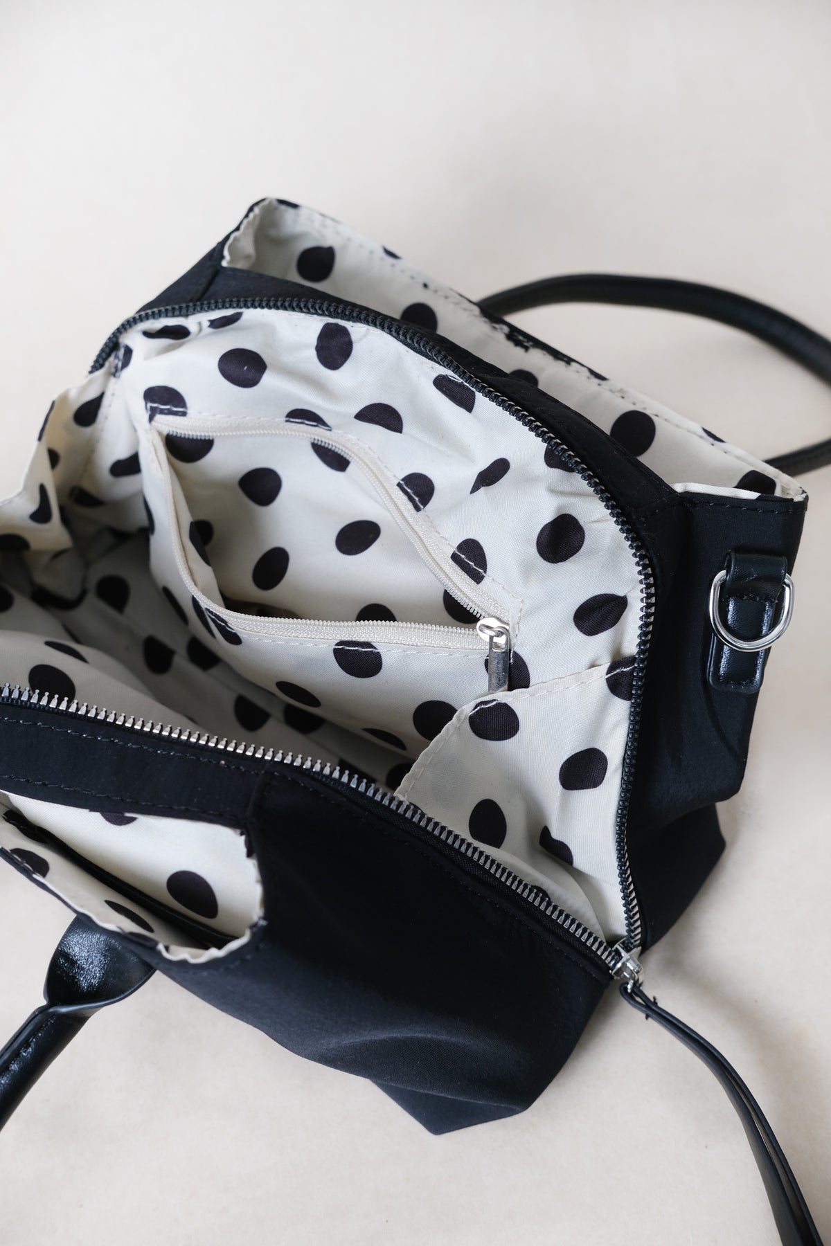 Mini Classic Flow Vegan Leather Tote - Black + Polkadots