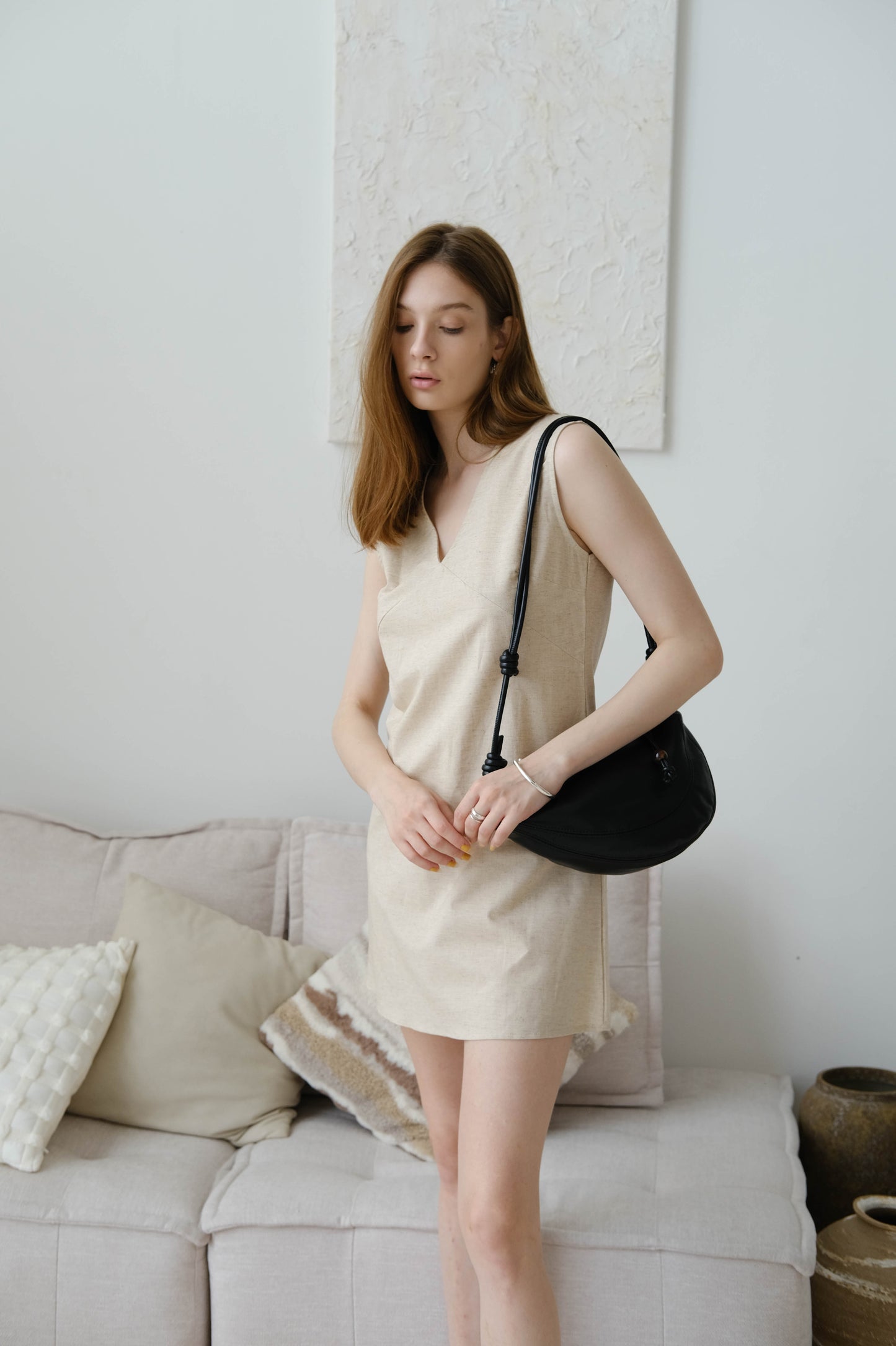 French V-Neck Cotton Linen Sleeveless Dress Hemp Color