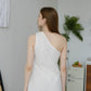 French Slim-Fit Elegant One-Shoulder Dress In Cream White