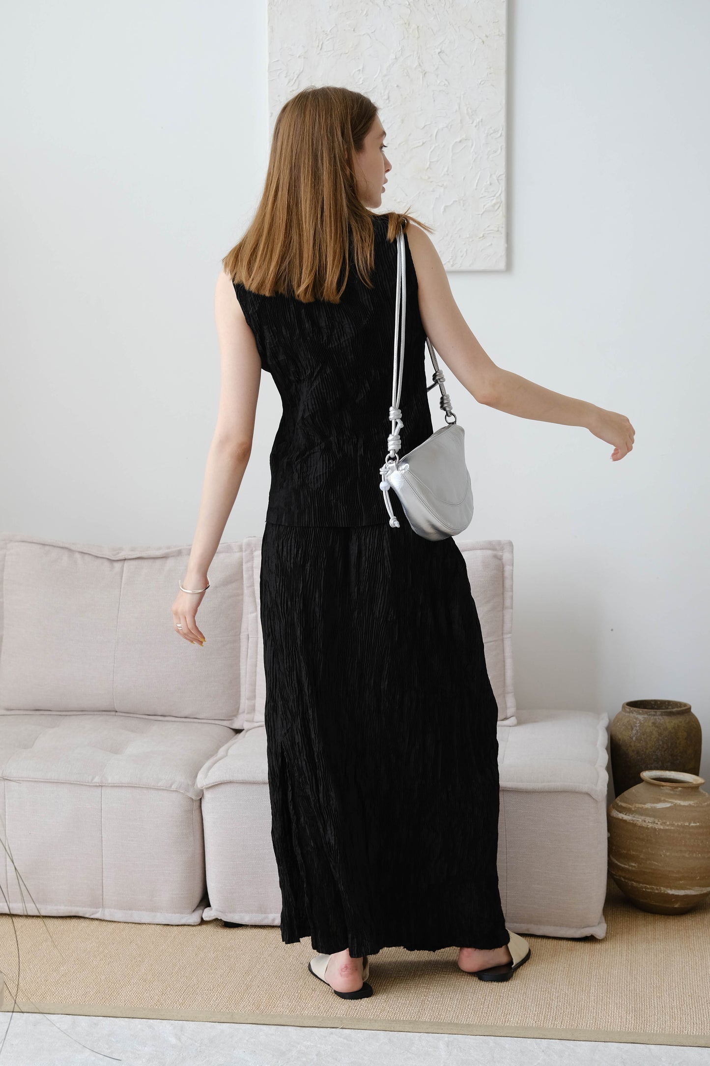 Pleated Straight Skirt In Classic Black