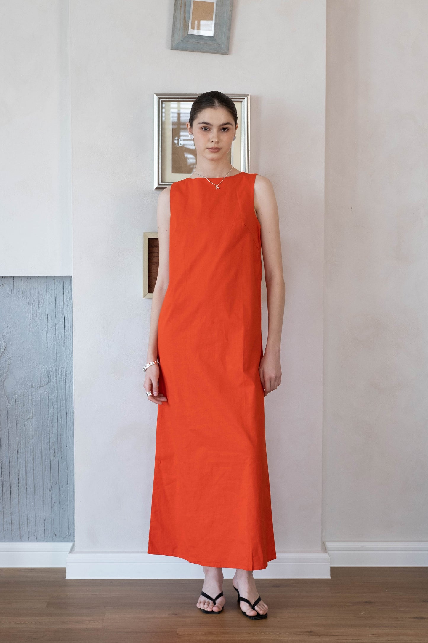 橙色法國棉亞麻背心連身裙