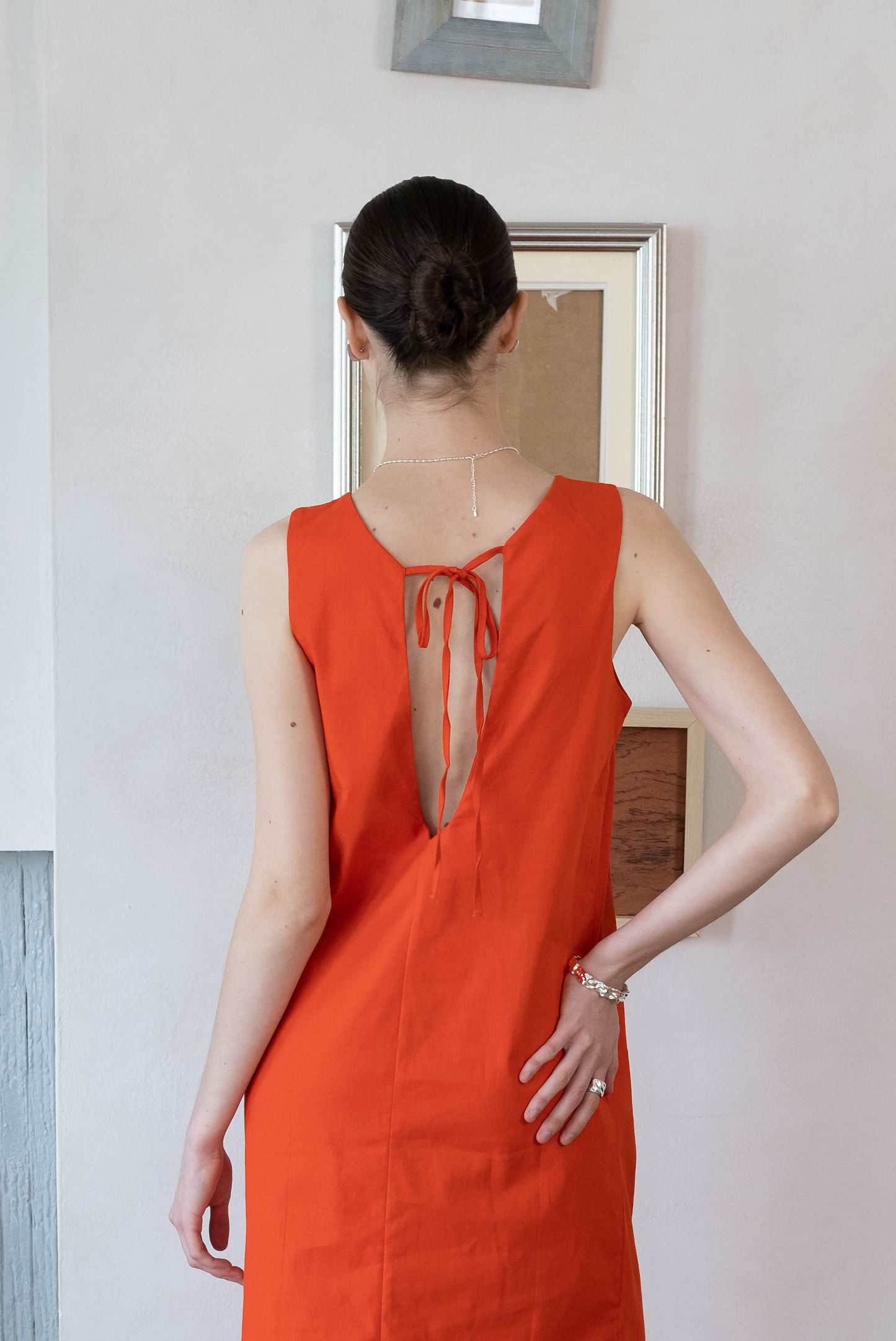 橙色法國棉亞麻背心連身裙