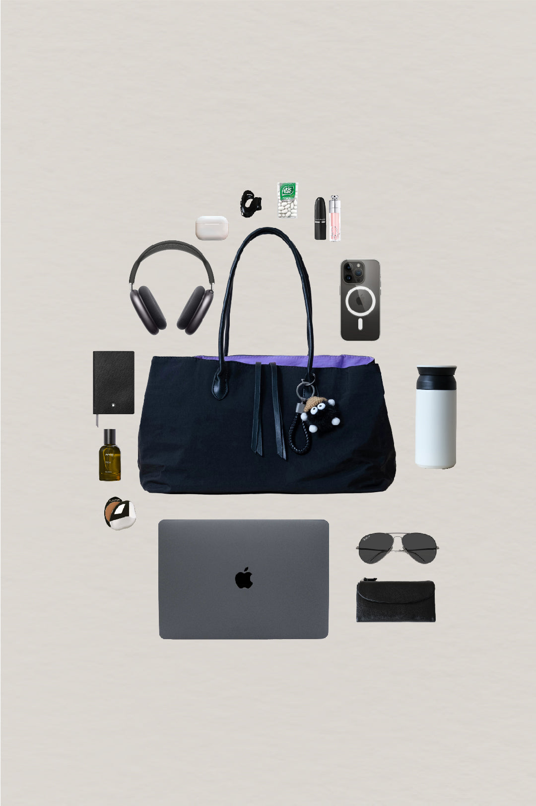 Classic Flow Vegan Leather Tote - Black Purple （With Charm）