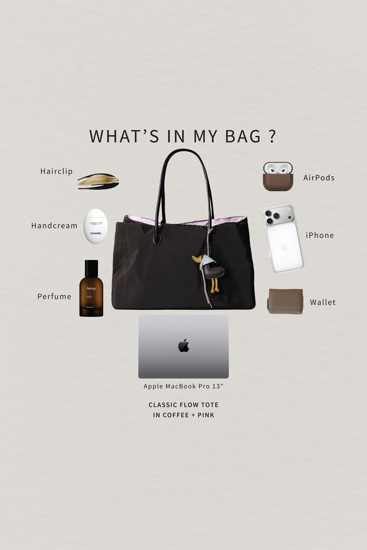 Classic Flow Tote - Coffee + Pink (With Charm)