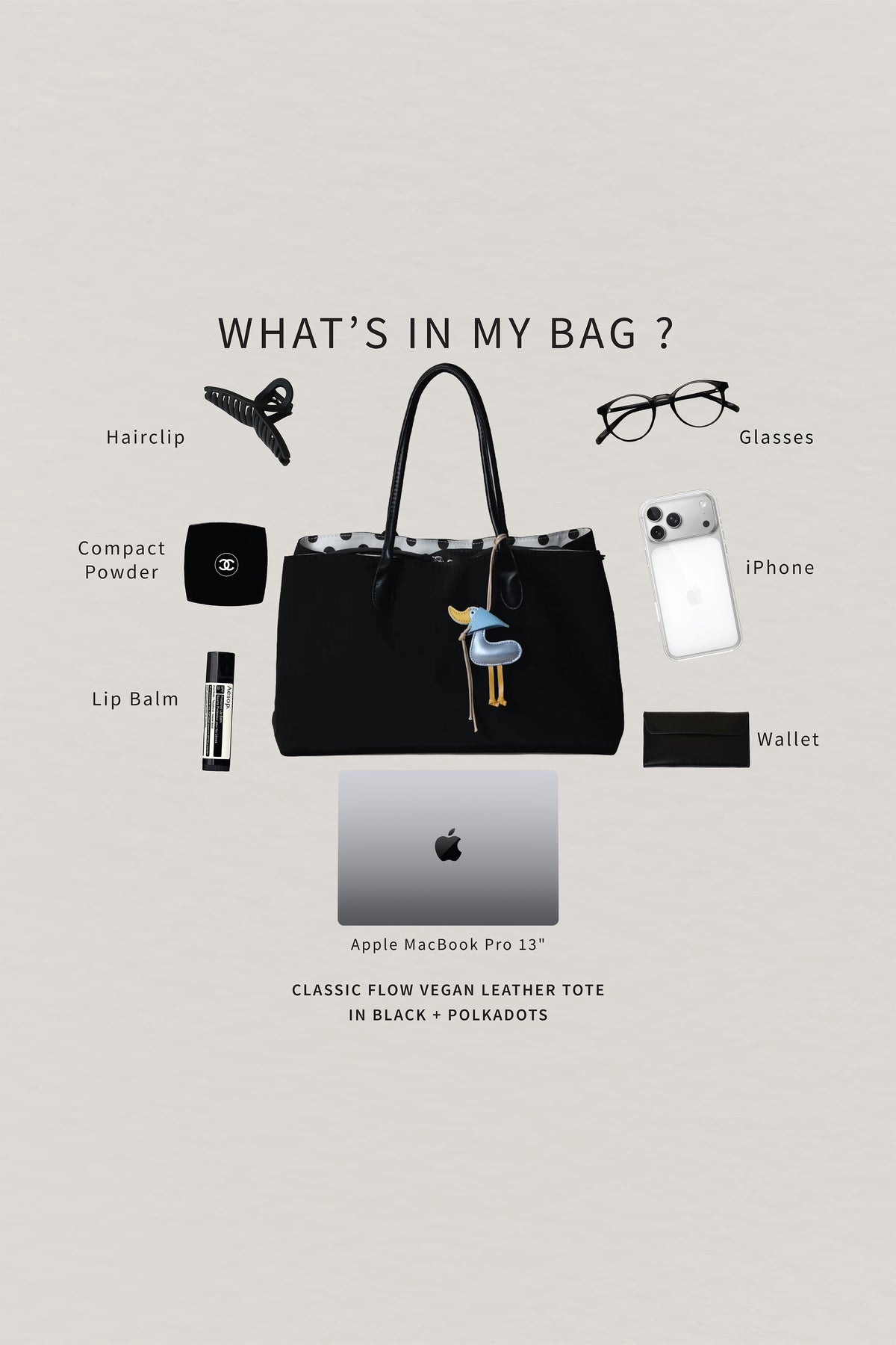 Classic Flow Vegan Leather Tote - Black + Polkadots (With Charm)