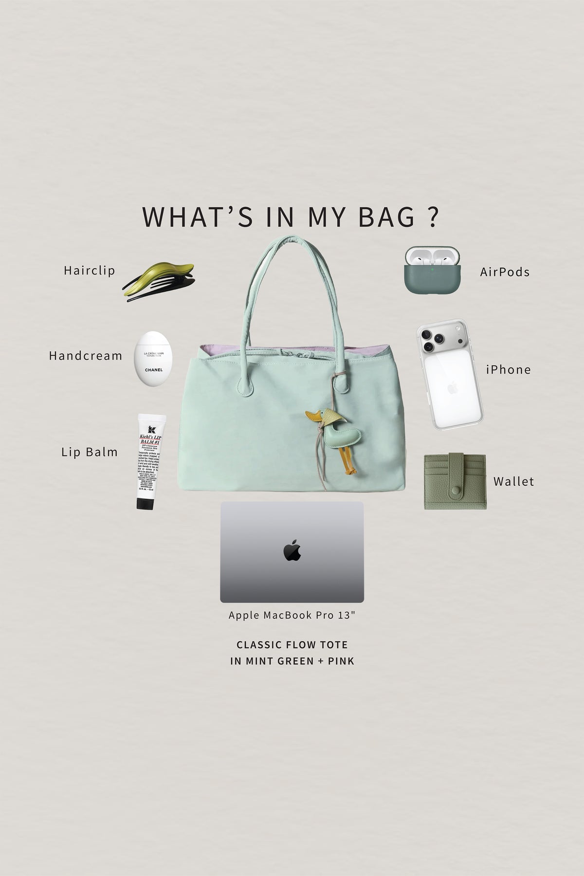 Classic Flow Tote - Mint Green + Pink (With Charm)