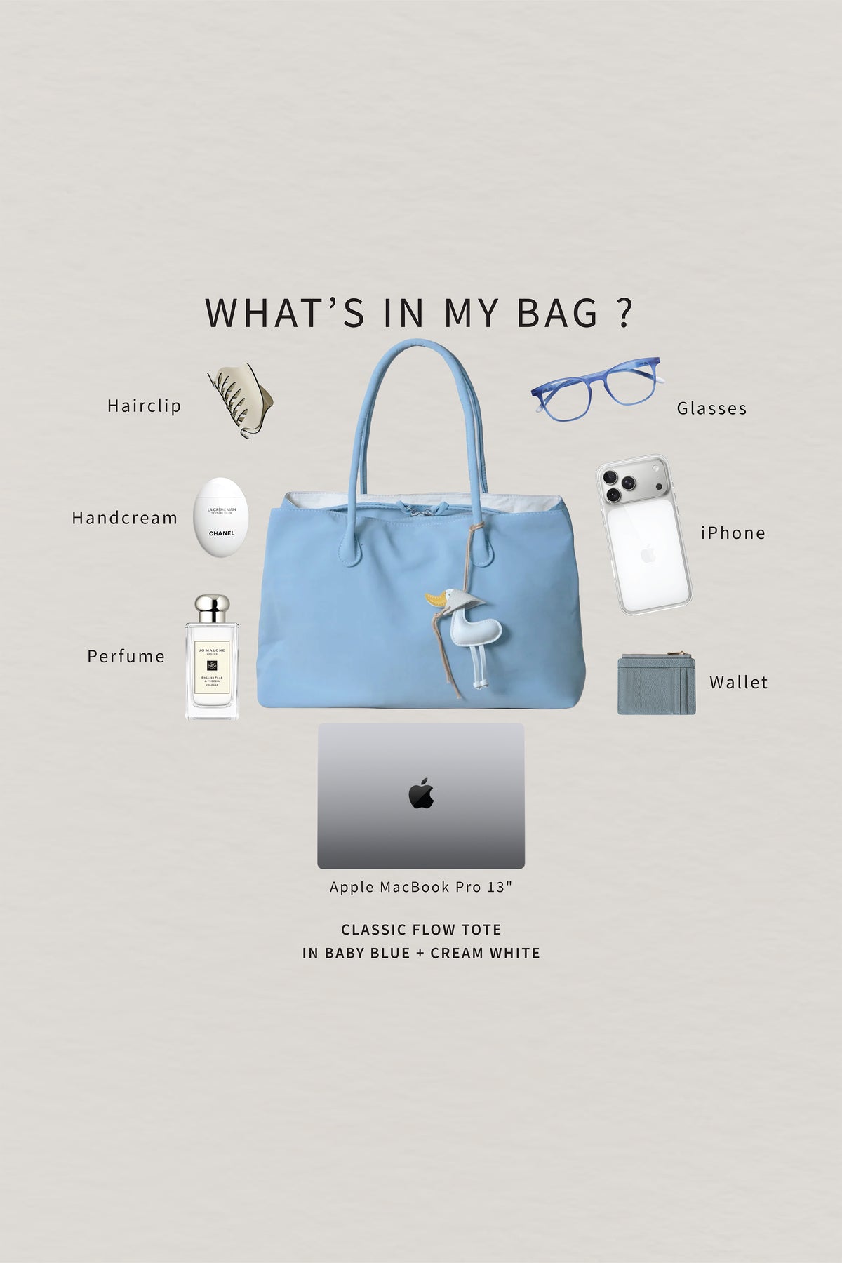 Classic Flow Tote - Baby Blue + Cream White (With Charm)