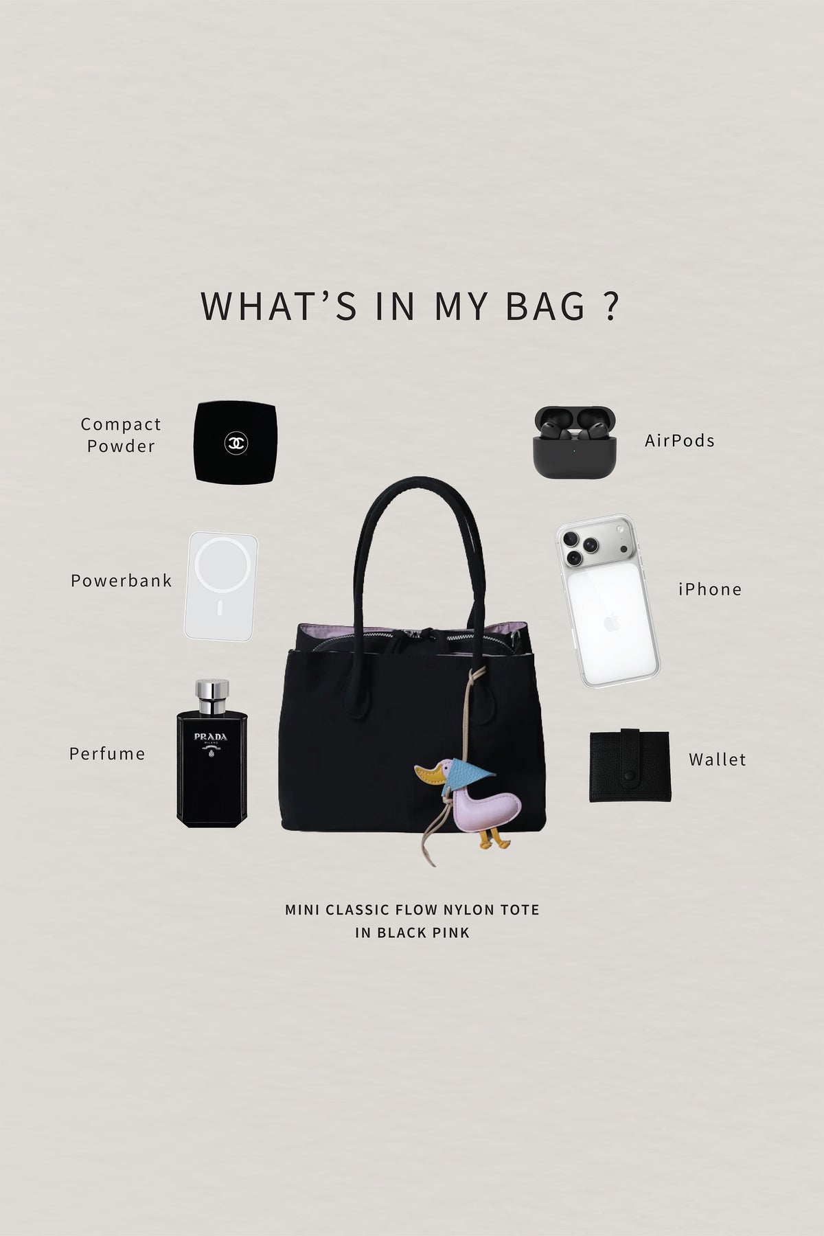 Mini Classic Flow Nylon Tote - Black Pink (With Charm)