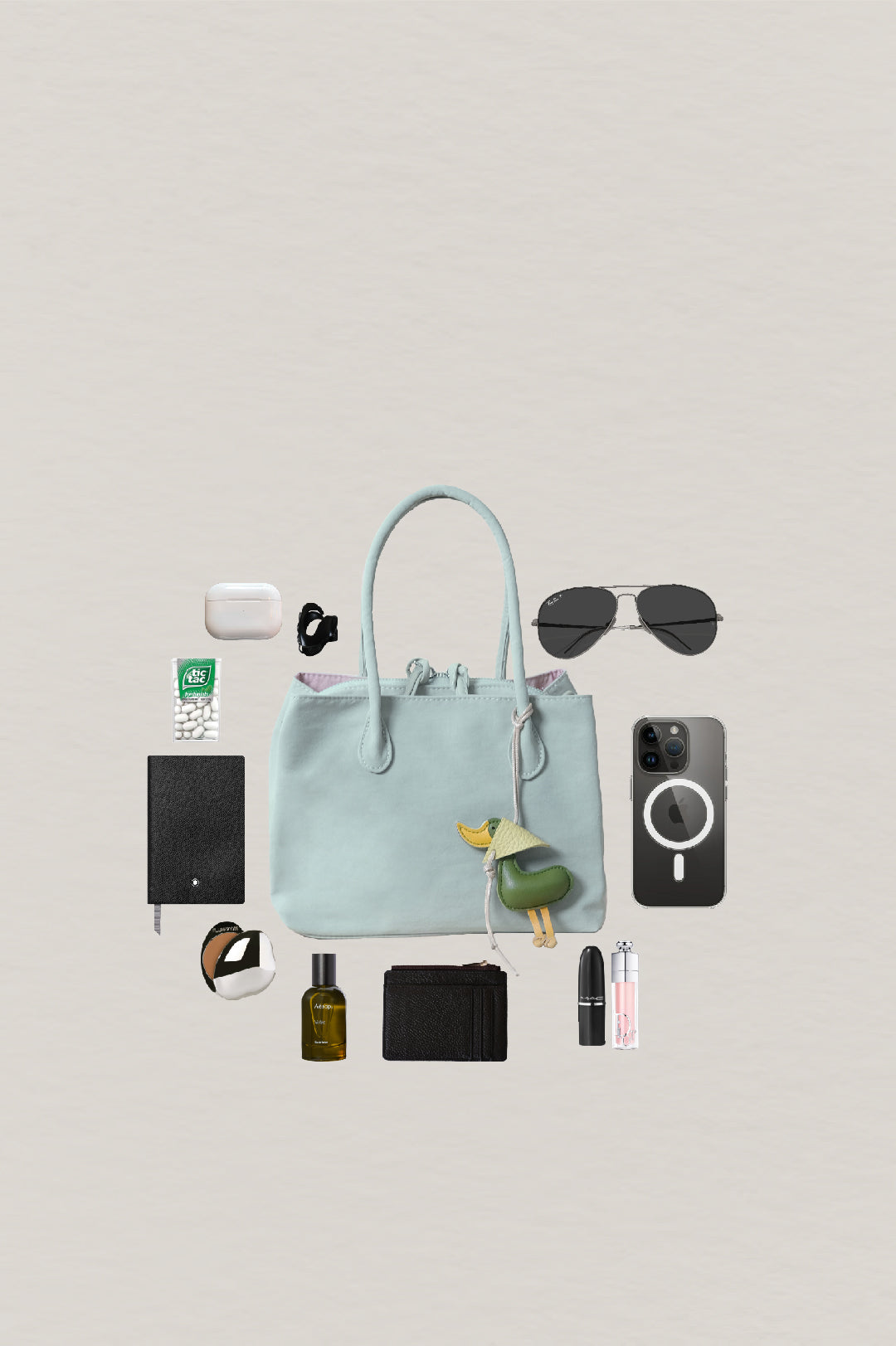Mini Classic Flow Nylon Tote - Mint Pink (With Charm)