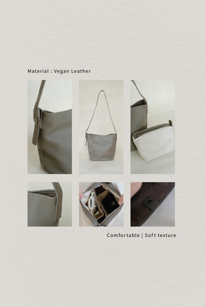 Large-Capacity Lychee Texture Shoulder/Crossbody Set In Light Mud
