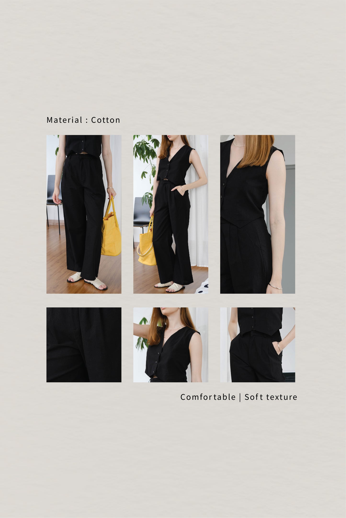 [2Pcs Suit] for Cotton And Linen Sleeveless Vest + Trousers In Classic Black