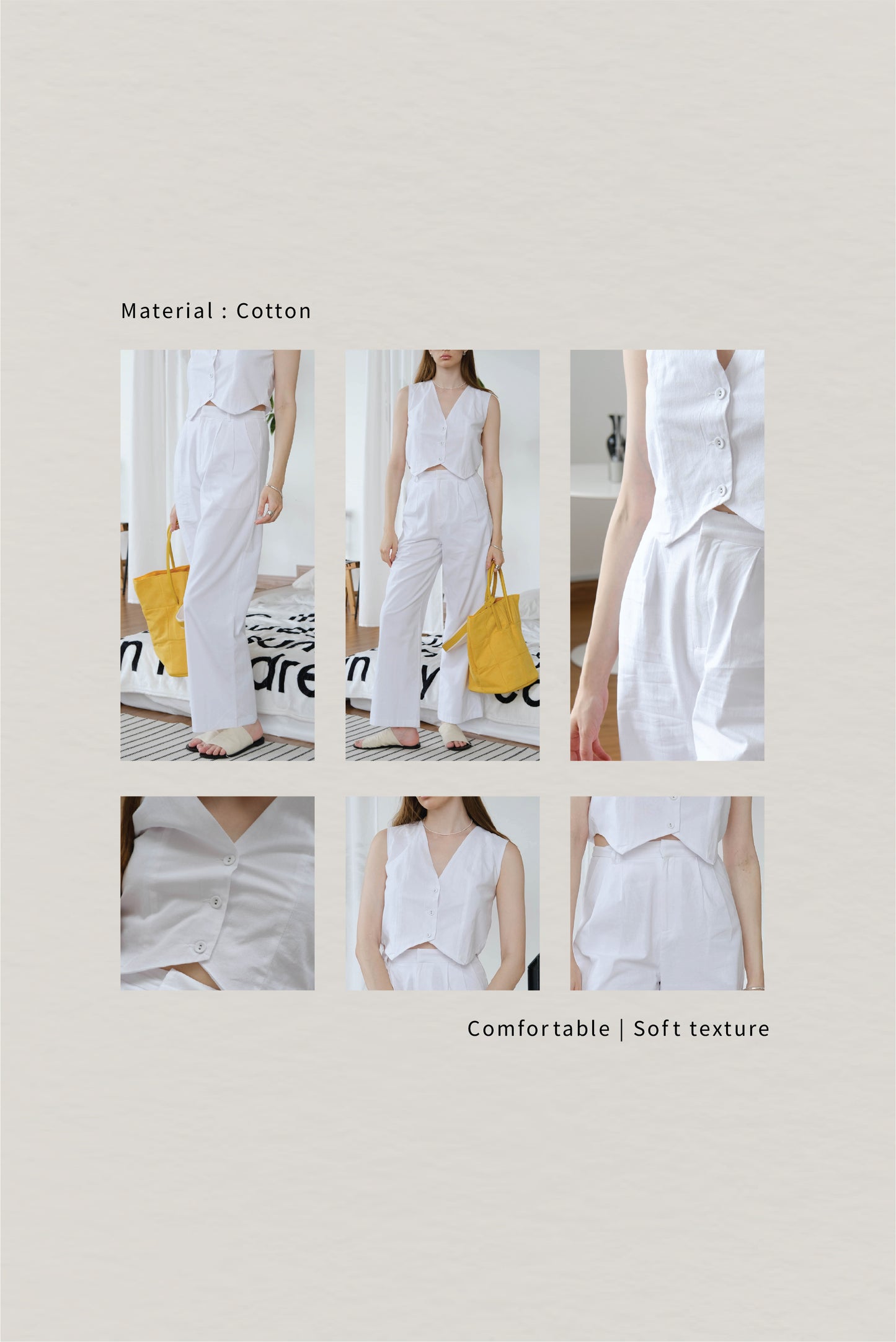 [2pcs Suit] for Cotton And Linen Sleeveless Vest + Trousers In Super White