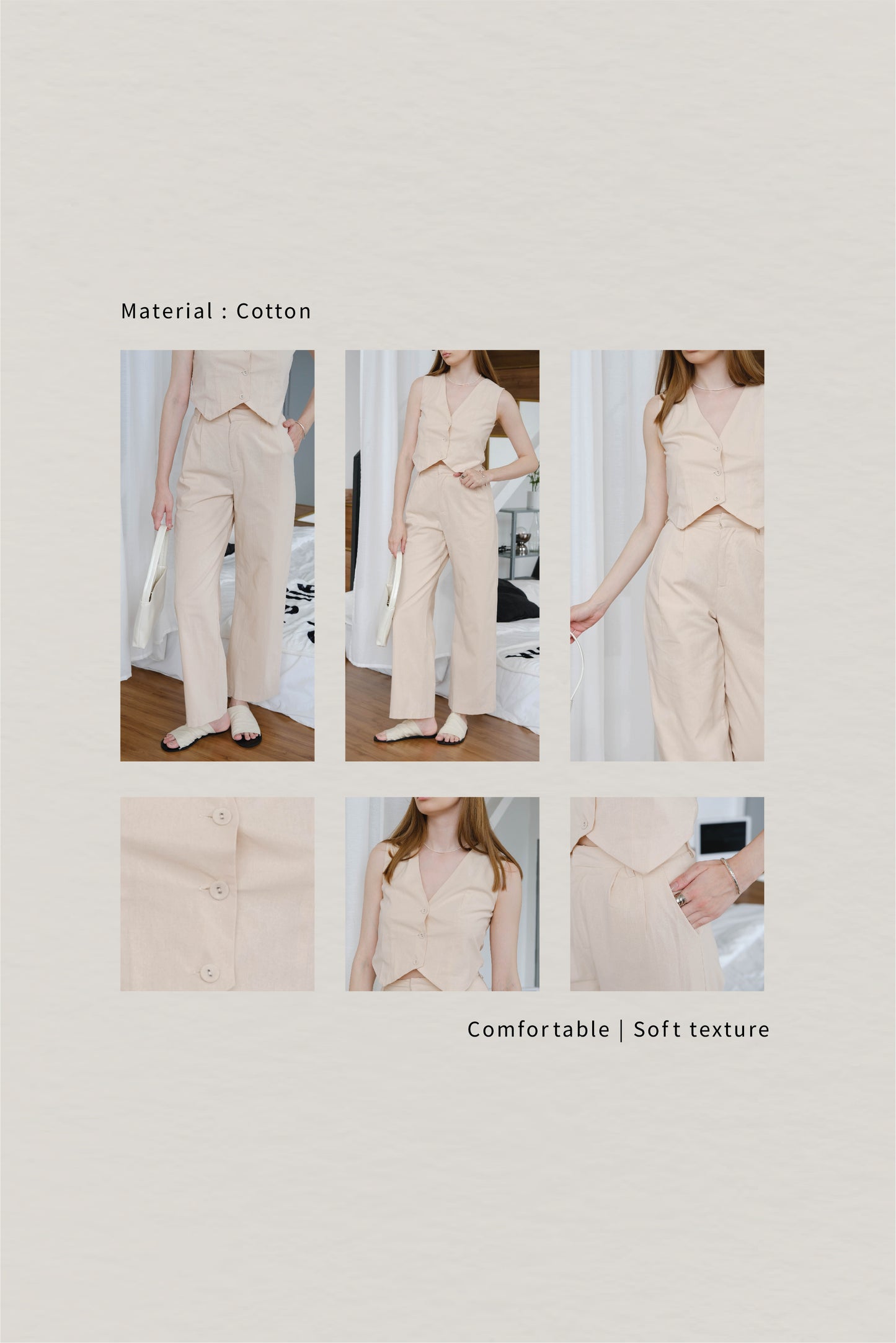 [2Pcs Suit] For Cotton And Linen Sleeveless Vest + Trousers In Light Khaki