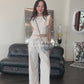 奶白套裝法式墊肩無袖棉+麻褲