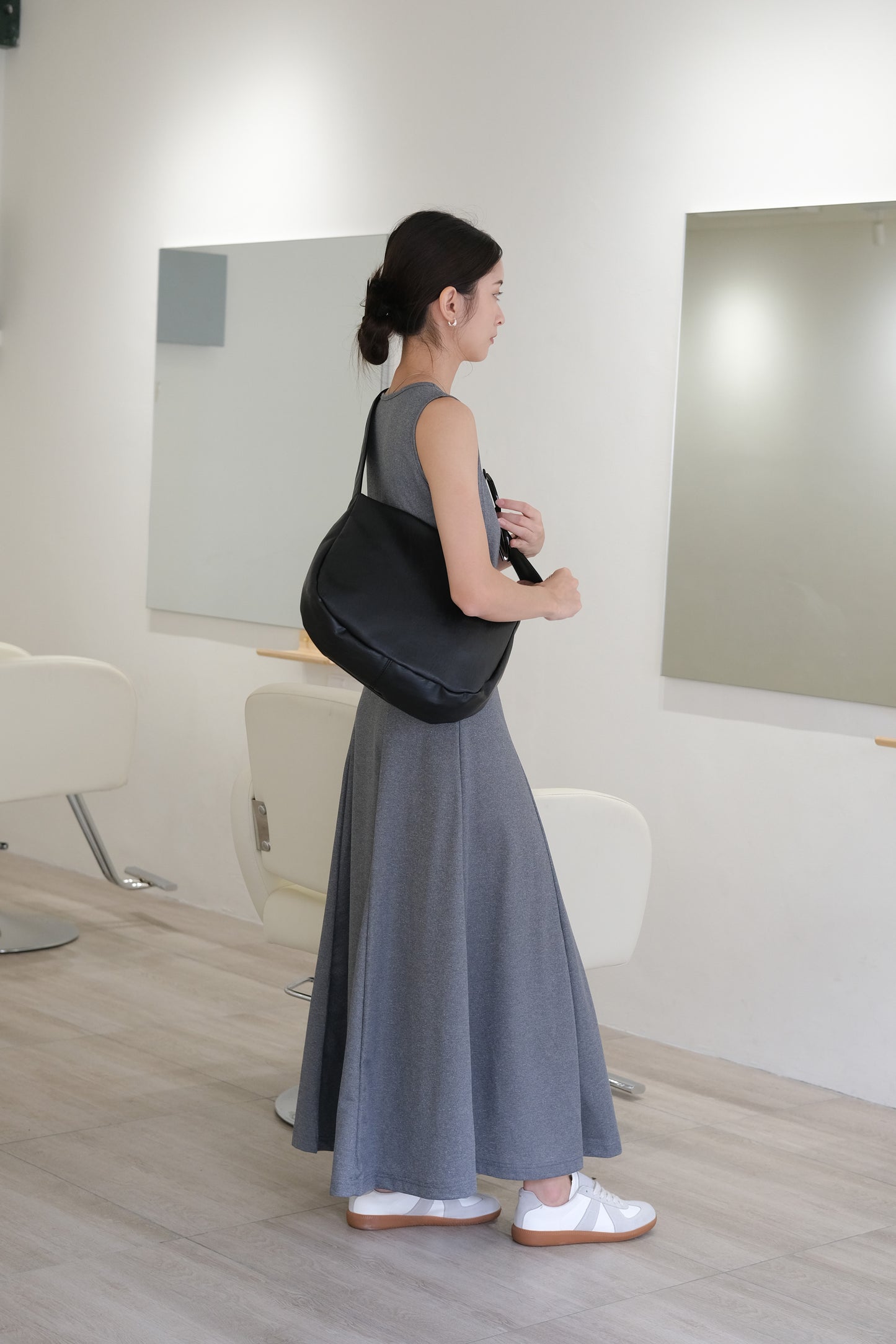 Vintage square neck waist dress in grey
