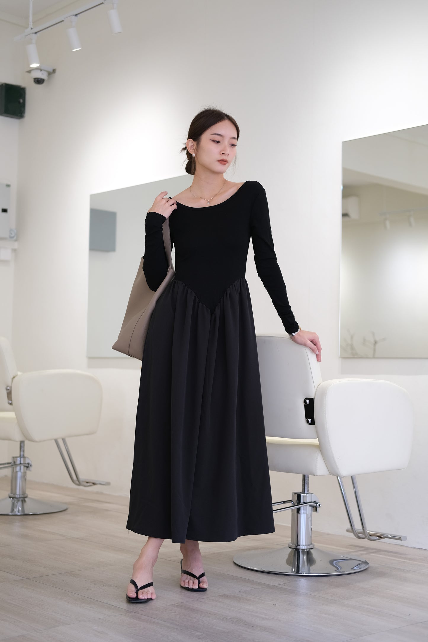 French crewneck slim-fit panel pleated long-sleeved dress in classic black